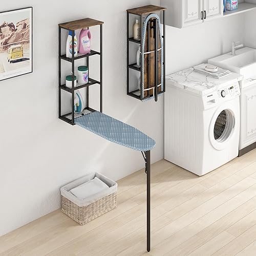 Miniatura 7 de GILLAS Tabla de hierro montada en la pared con 3 almacenamientos, tabla de planchar tamaño matrimonial, soporte de planchado de mesa, mesa de hierro