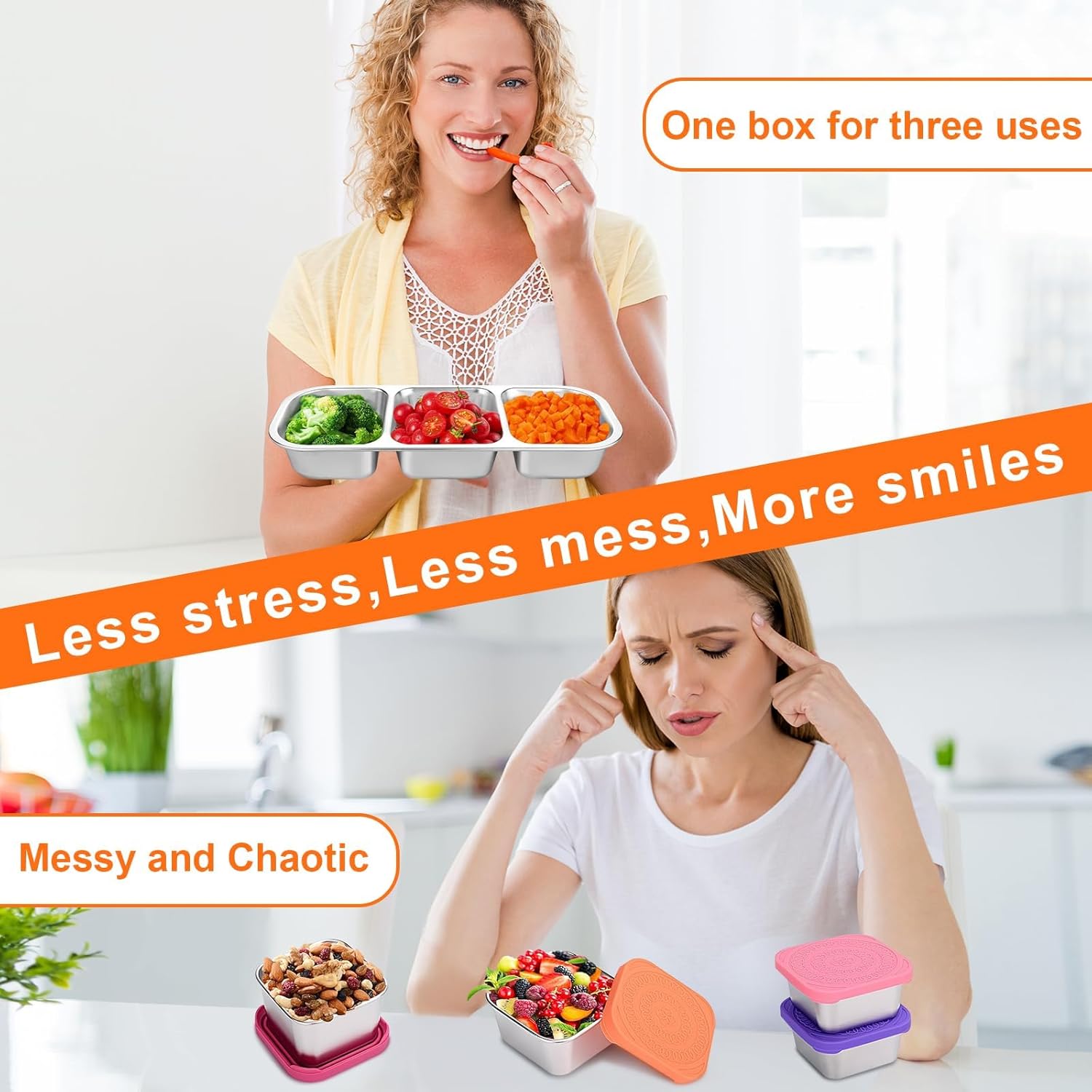 4 Pack Stainless Steel Snack Containers 3 Compartment Food Container Leak Proof Metal Lunch Box containers with Lids for Home, Camping, Office,Work