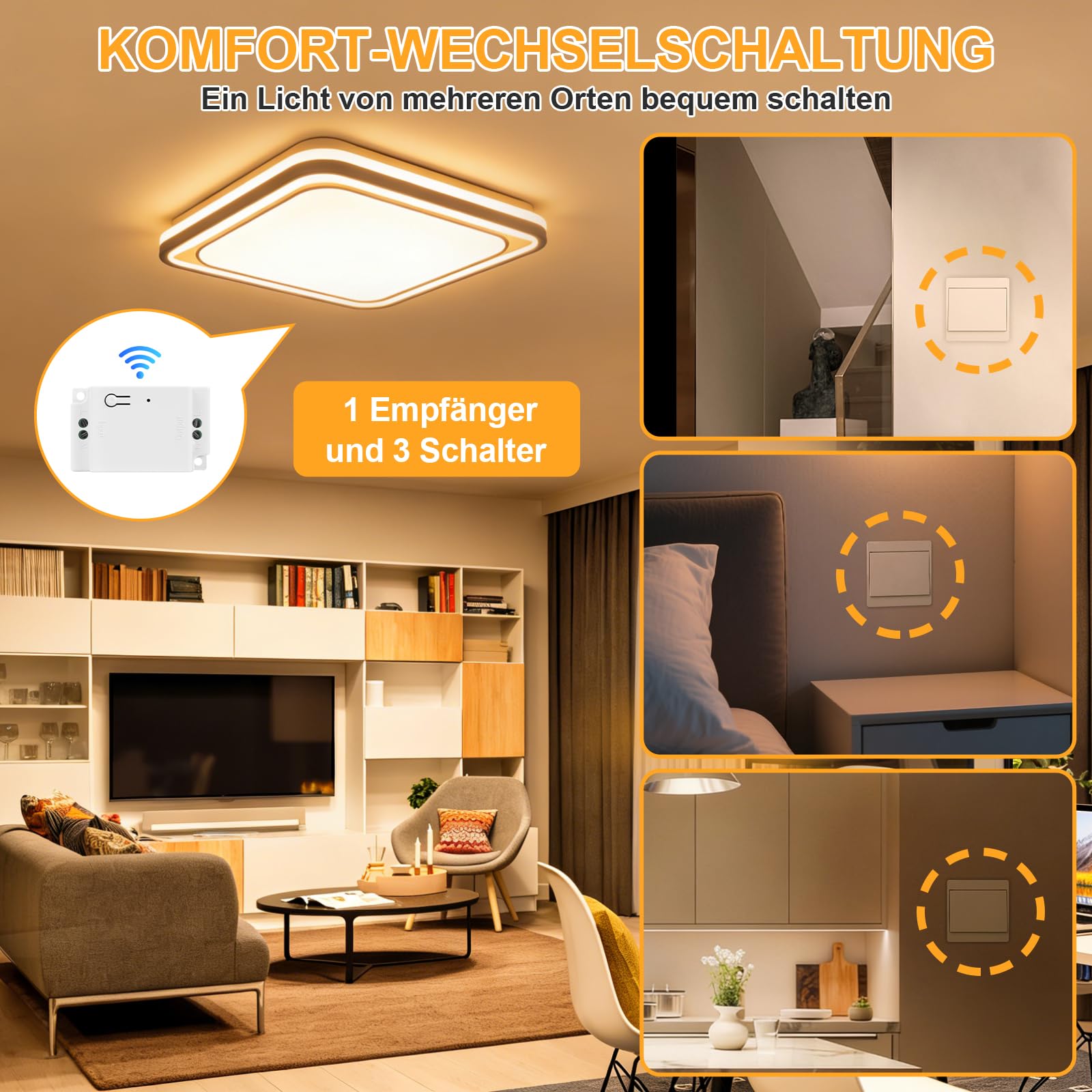 Lot d'interrupteurs sans fil 230 V, auto-alimenté, sans batterie, avec récepteur, 433 MHz, pour salon, cuisine et salle de bain, pas de nouveau câblage, 1 récepteur et 3 interrupteurs
