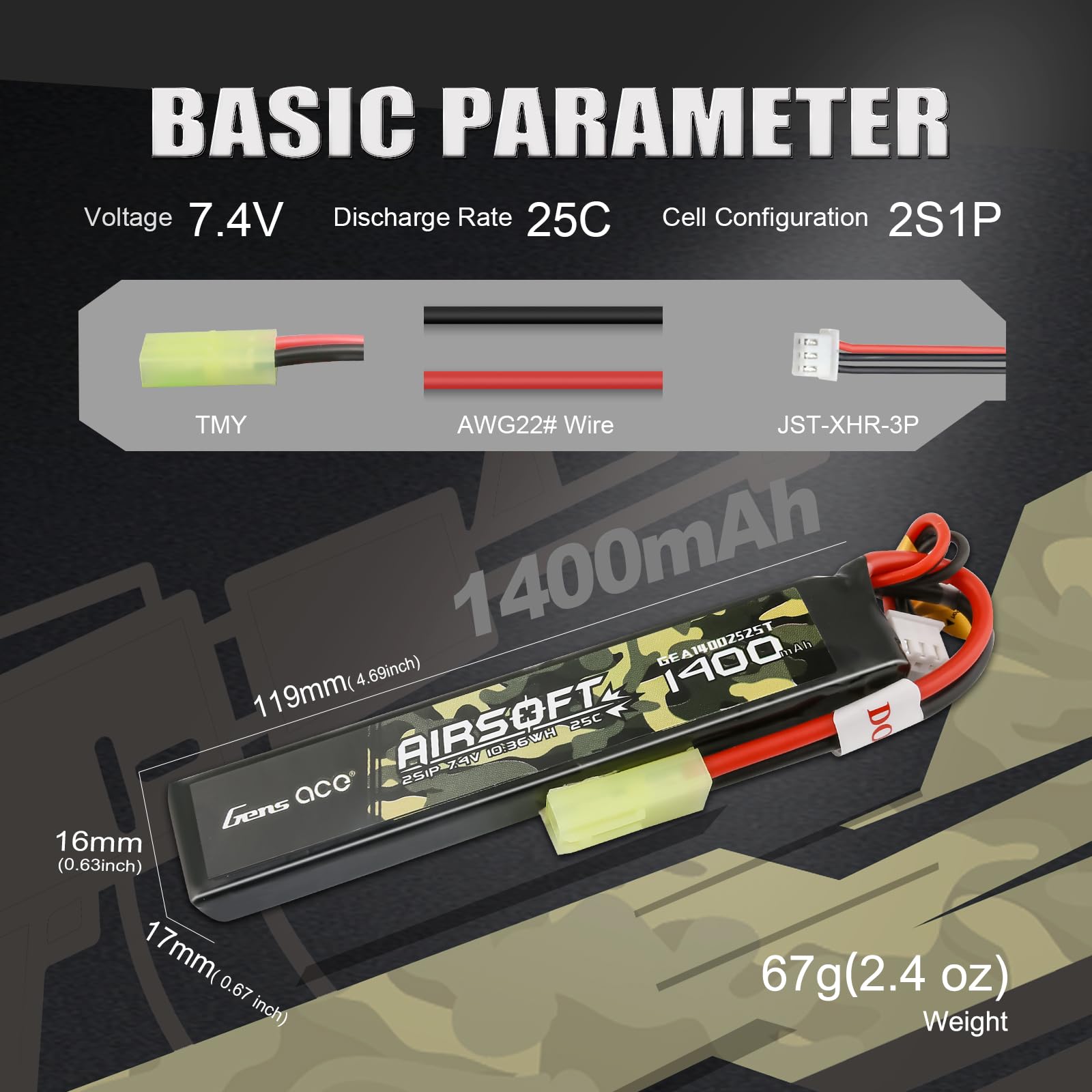 Gens ace 25C 1400mAh 2S1P 7.4V Airsoft Battery with TMY Plug