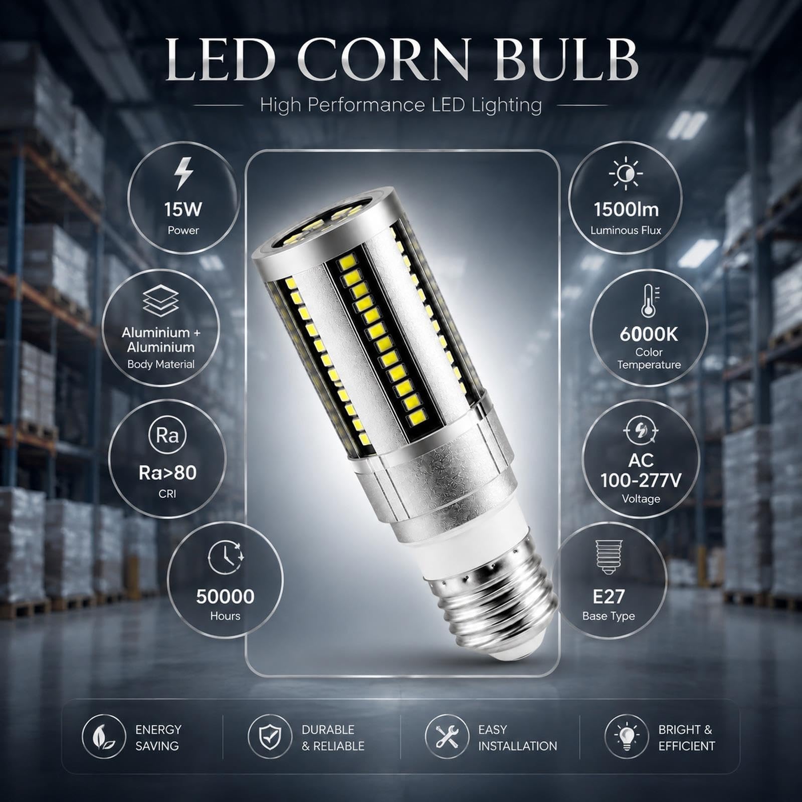 Ampoules LED E27 15W 1500LM 6000K Blanc Froid Non Gradable pour Atelier