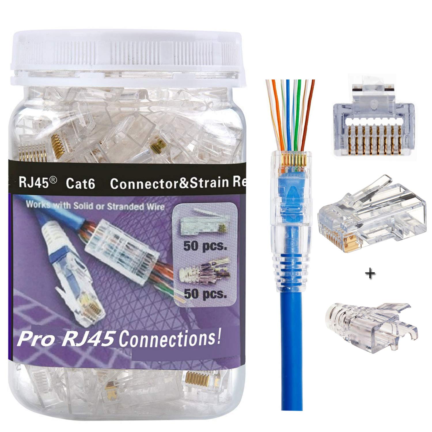 RJ45 CAT6 Pass Through Connectors Gold Plated 8P8C Plugs and Strain Relief (50xcat6plug+50xstrain Relief)