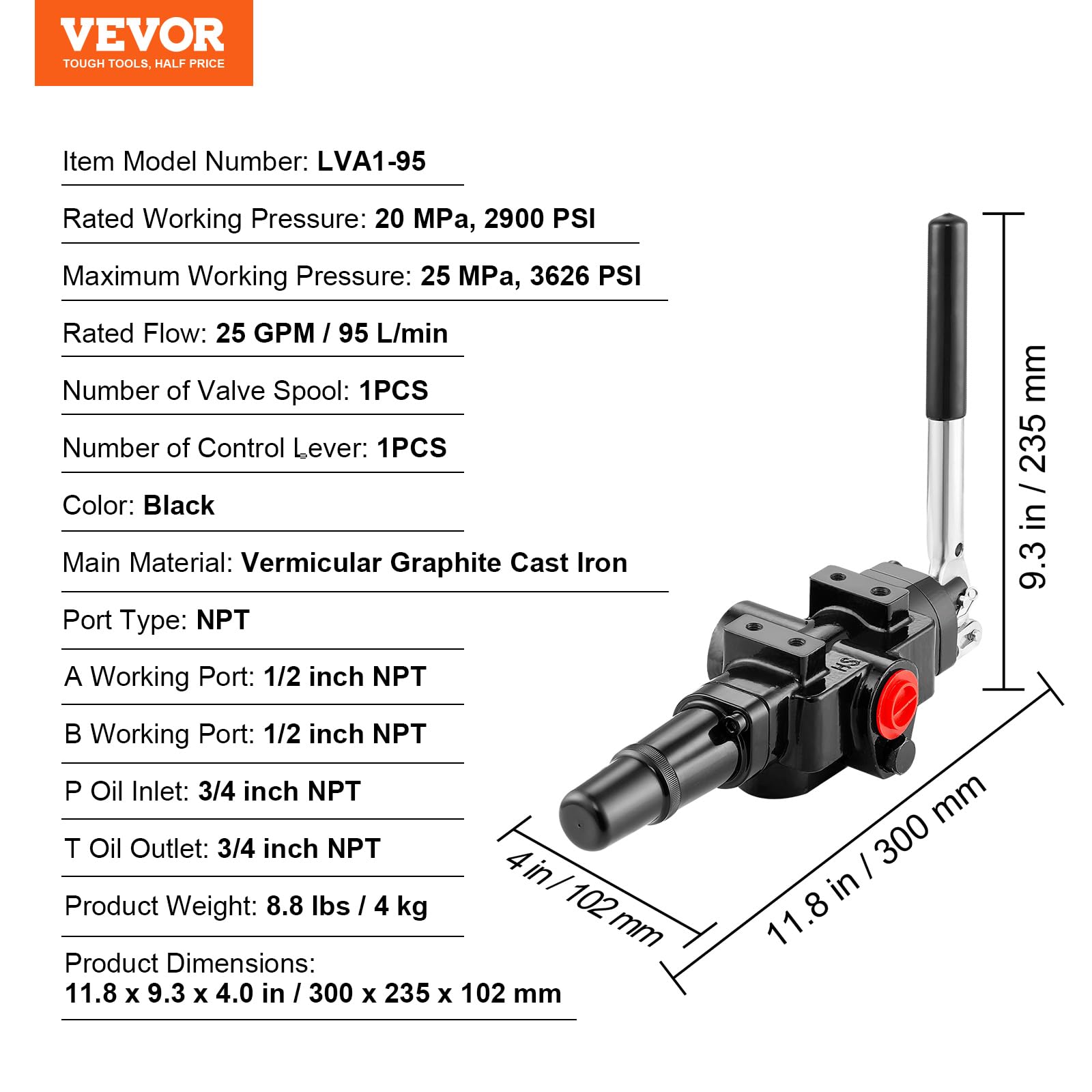 VEVOR Hydraulisches Holzspalterventil - 1 Spule, 25 GPM Wegeventil, 3626 PSI Laderventil, Joystick-Steuerventil für Kleine Traktoren, Lader, Holzspalter