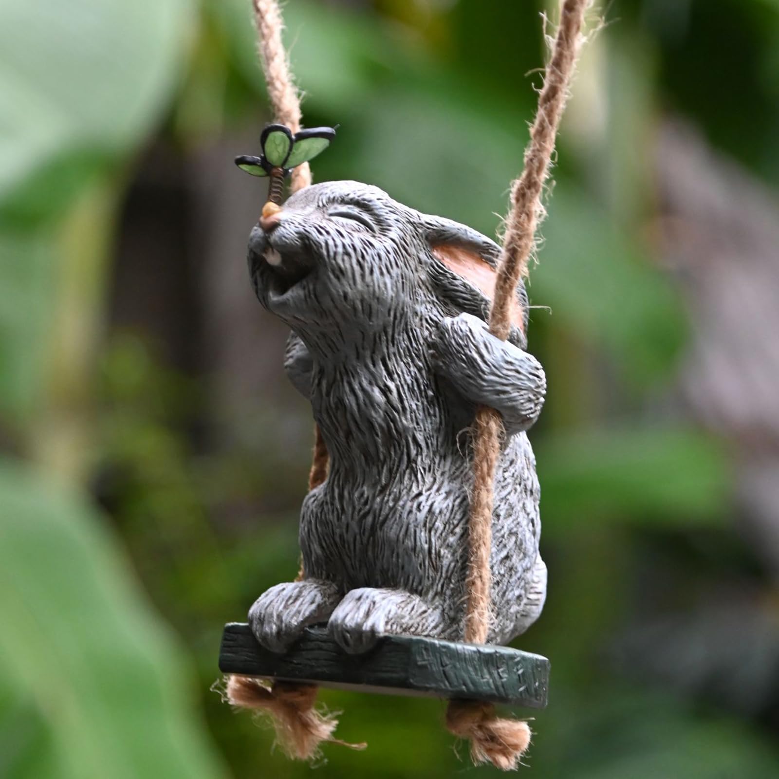 Garden Rabbit Statues, Cute Swing Bunny with Butterfly Statue Decoration for Yard Hanging Outdoor, Tree Ornaments Figurine for Stump Branch Lawn Patio Decor