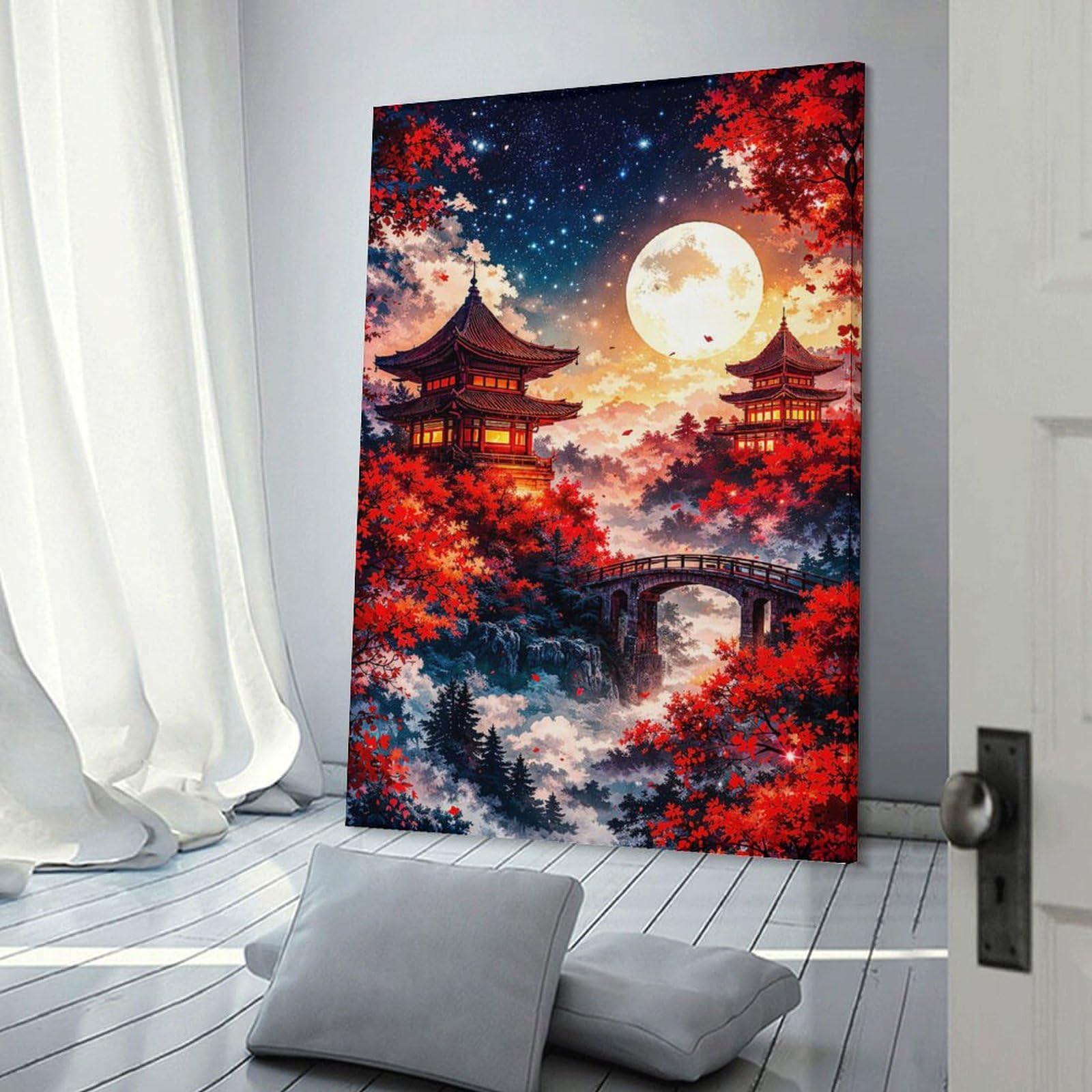 Junmoney Enchanting Japanese Pagodas Under A Full Moon Home Decor Wall Art 24x36inch(60x90cm), for Living Room, Bedroom Or Home Office, Decorative Present for New Homes