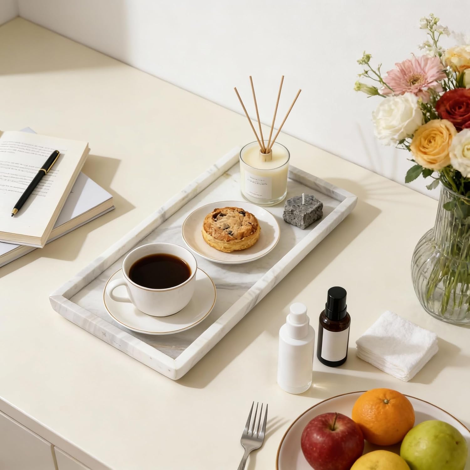 Natural Marble Vanity Bathroom Tray, 12 x 6 Inch Elegant Home Decor Tray for Kitchen,Bathroom,Dresser, Coffee Table,Sink Storage Holder Organizer, Jazz White (NS051) - Image 5