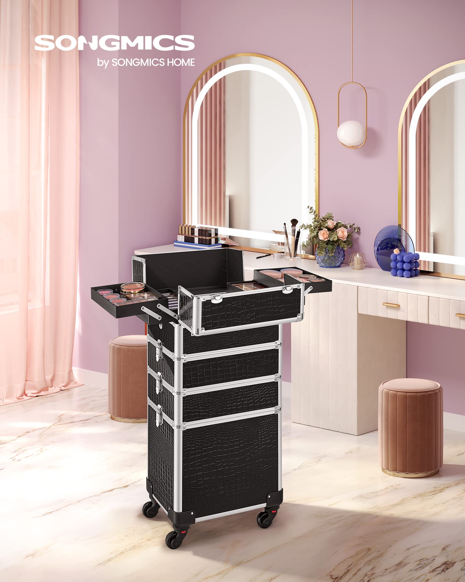 SONGMICS Valigetta Trucchi, Valigia Porta Trucchi 4 in 1, Grande, Trolley Make Up, con Coperchio, 35 x 25 x 79 cm, Serratura, Ruote Girevoli a 360°, per Truccatori, Idea Regalo, Nero JHZ06B