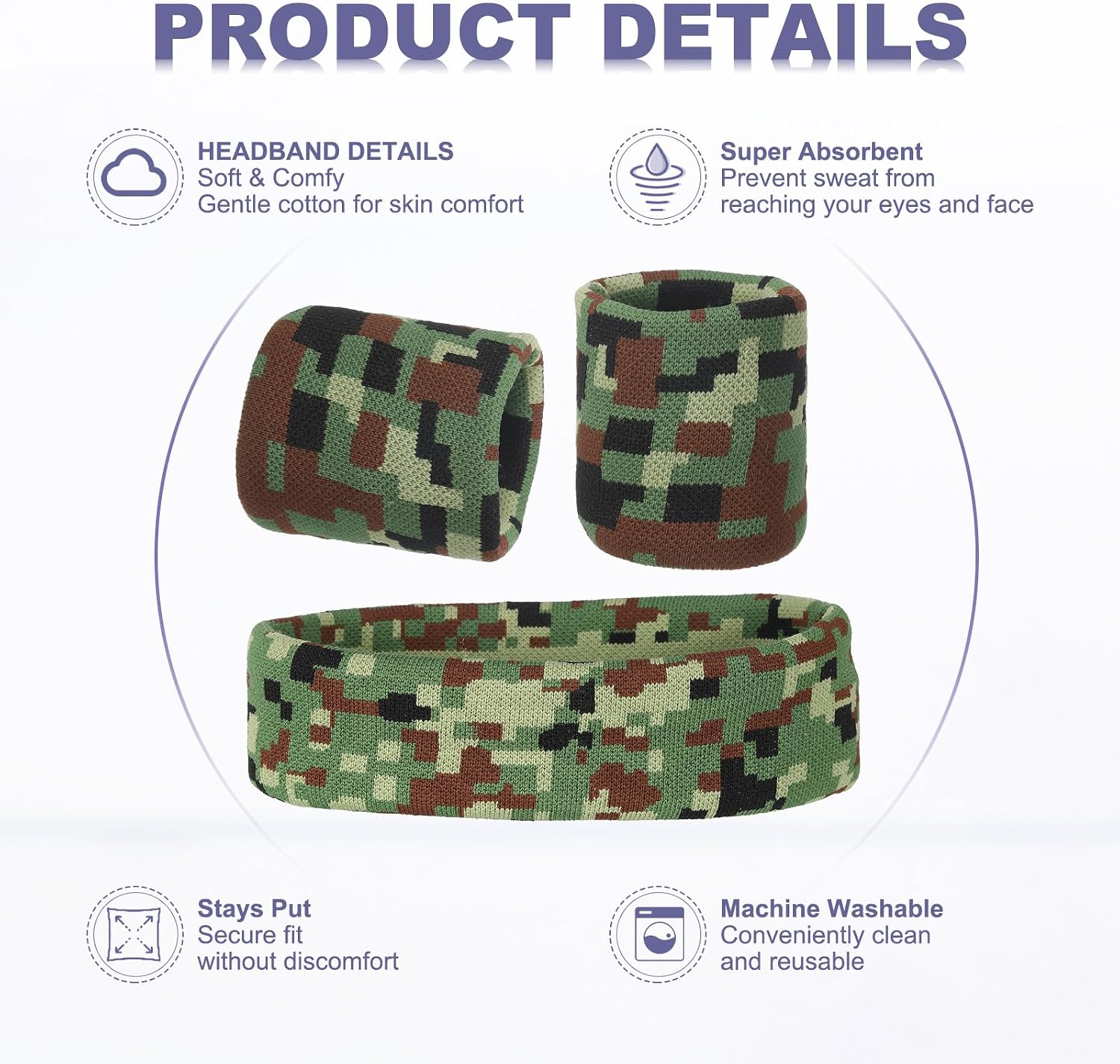 MECCANIXITY Sweat Band Set Sports Terry Cloth Headband Wristband Set Moisture Wicking Sweat Absorbing Head Band for Women Men Workout Exercise (Checkered Camouflage)
