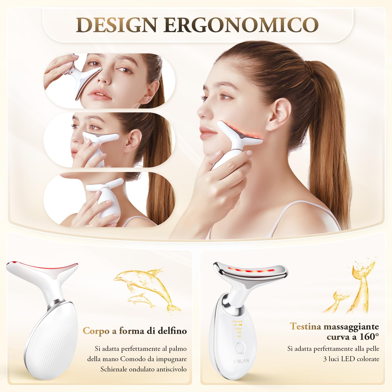 ANLAN Dispositivo di Bellezza Antirughe, Impacco Caldo a 45 ℃ Terapia Della Luce Massaggiatore Viso EMS lifting del Collo Rassodante per Tonificare il Viso,Timer di spegnimento di 5 minuti