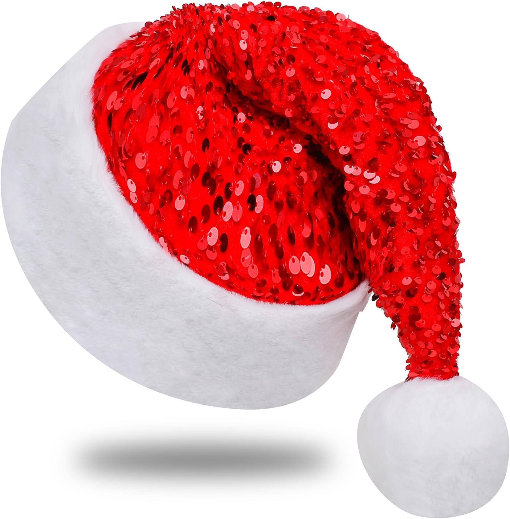Sequin Santa Hat for Adults with Shiny Sequin and Fluffy Pompom, Party Hat for New Year Xmas Festival