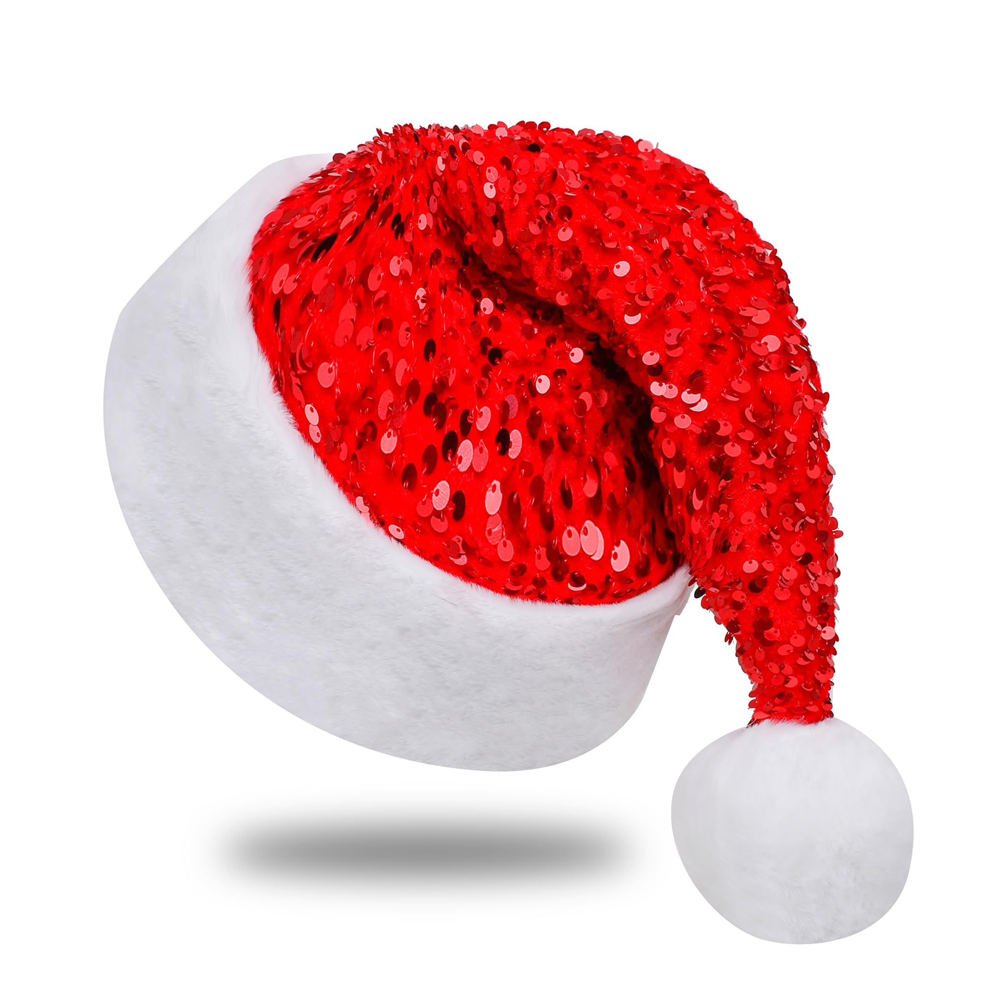 Sequin Santa Hat for Adults with Shiny Sequin and Fluffy Pompom, Party Hat for New Year Xmas Festival