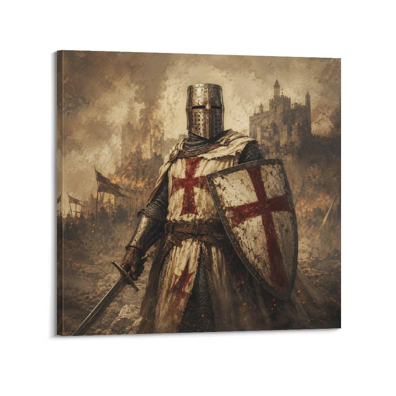 XKUGA Templar Knight Shield Poster Siege Defender Red Cross Armor Modern Decorative Canvas Prints - Ideal Wall Art for Family, Man Cave, Game Room, Boys & Girls Bedroom 28x28inch(70x70cm)