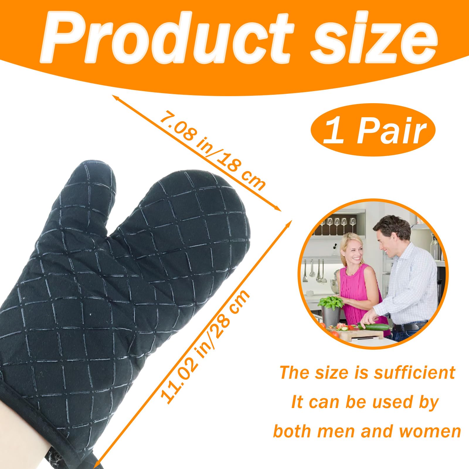 1 Pair Heat Resistant Oven Gloves, Non Slip Silicone Black Oven Mitts Kitchen Glove for Grilling Microwave Pizza Cooking Baking Barbecue - Image 2