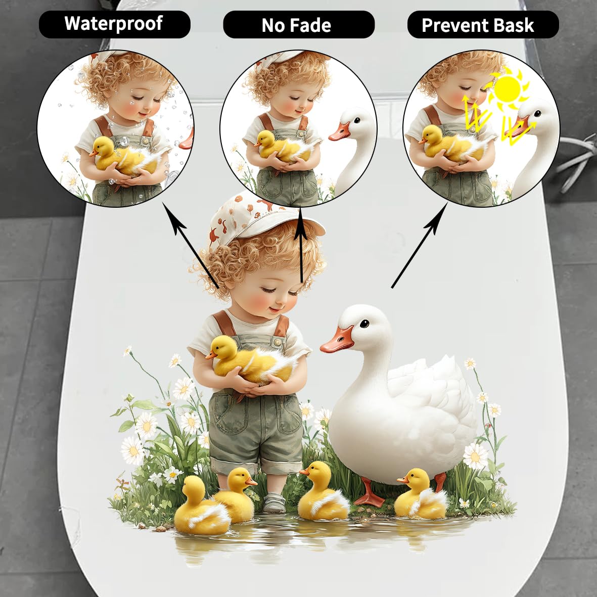 Nouiroy Cute Boy and Girl Vinyl Sticker White Swan and Ducklings Toilet Lid Decal - Self-Adhesive Daisy Toilet Seat Sticker & Wall Sticker Lovely Home Bathroom Decoration Sticker (Cute Boy)