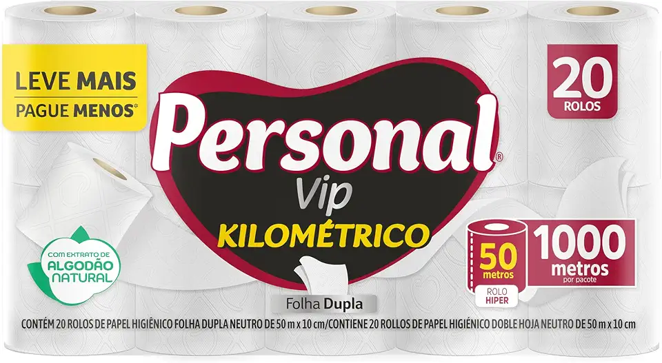 Personal Papel Higiênico Kilométrico Folha Dupla, Com 20 Rolos 50M