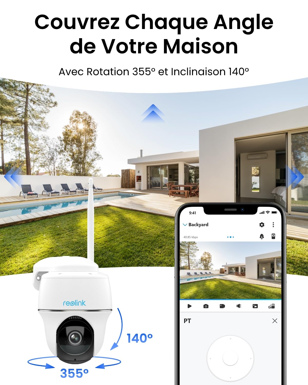 Reolink 2K Caméra Surveillance WiFi, 360° Pan&Tilt, Carte microSD de 64 Go