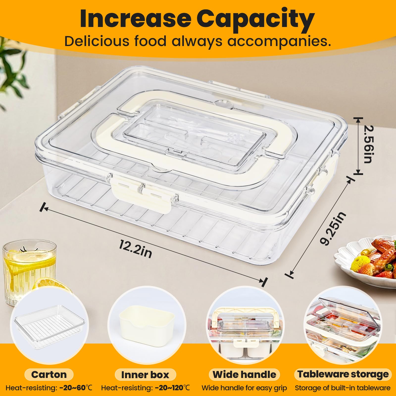 Linn'sCollection Recipiente para aperitivos con almacenamiento de cubiertos, bandeja de frutas, bandeja dividida con tapa y asa, contenedor portátil para aperitivos, contenedor de aperitivos de 8