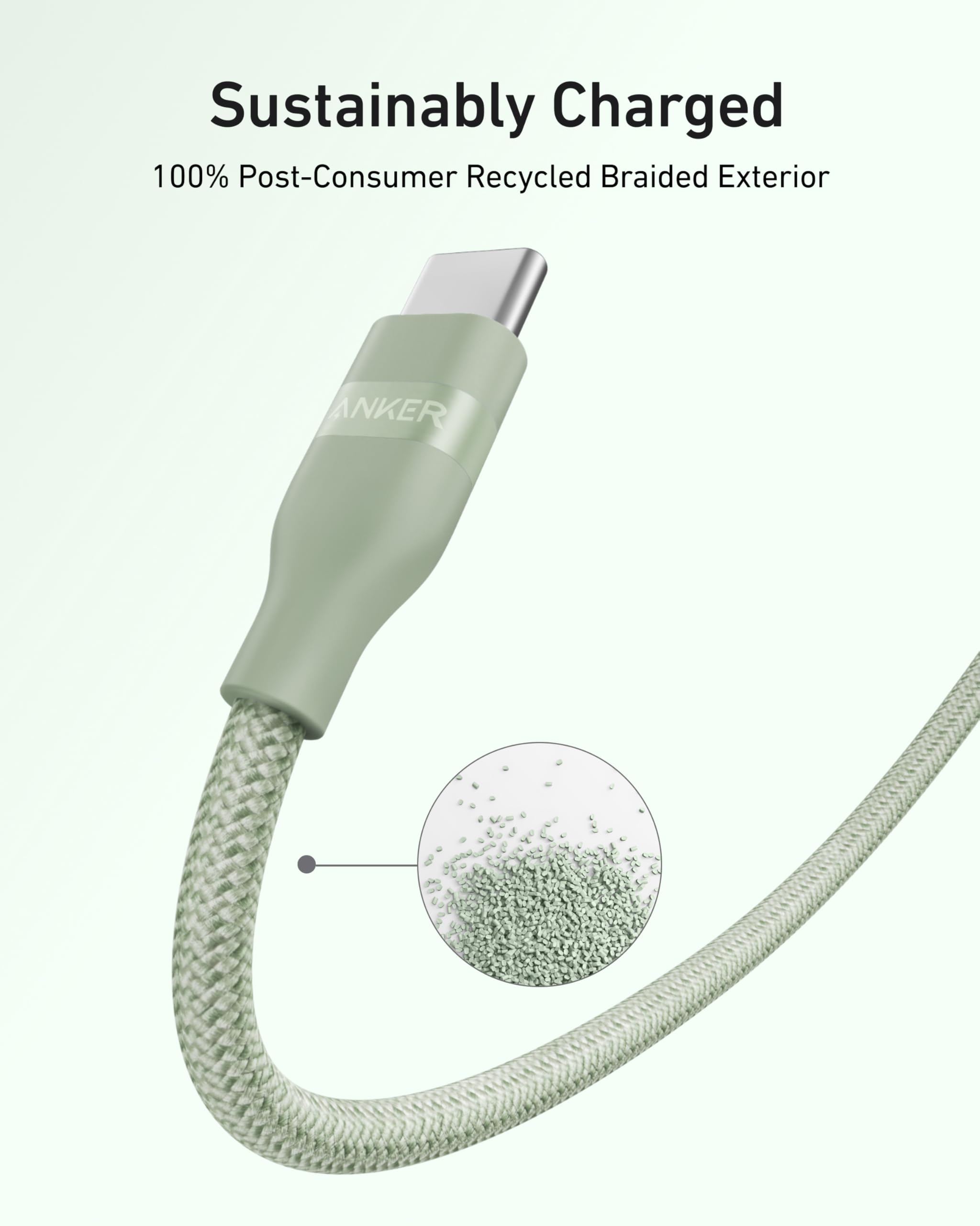 Anker Cavo USB-C di ricarica veloce 240W, design intrecciato e riciclato, per iPhone 16/16 Pro/16 Plus/16 Pro Max, MacBook Pro, iPad Pro, iPad Air 4, Galaxy S23 e altro ancora(1,8m, Verde)