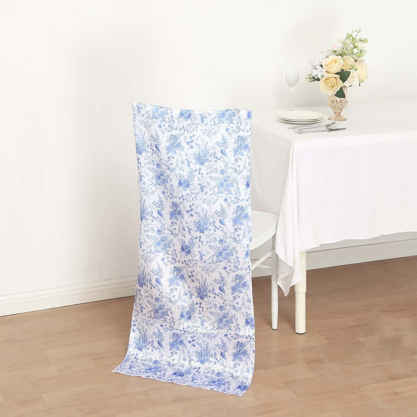 Efavormart White Blue Satin Chiavari Chair Slipcover with Chinoiserie Floral Print, Wedding Chair Back Cover