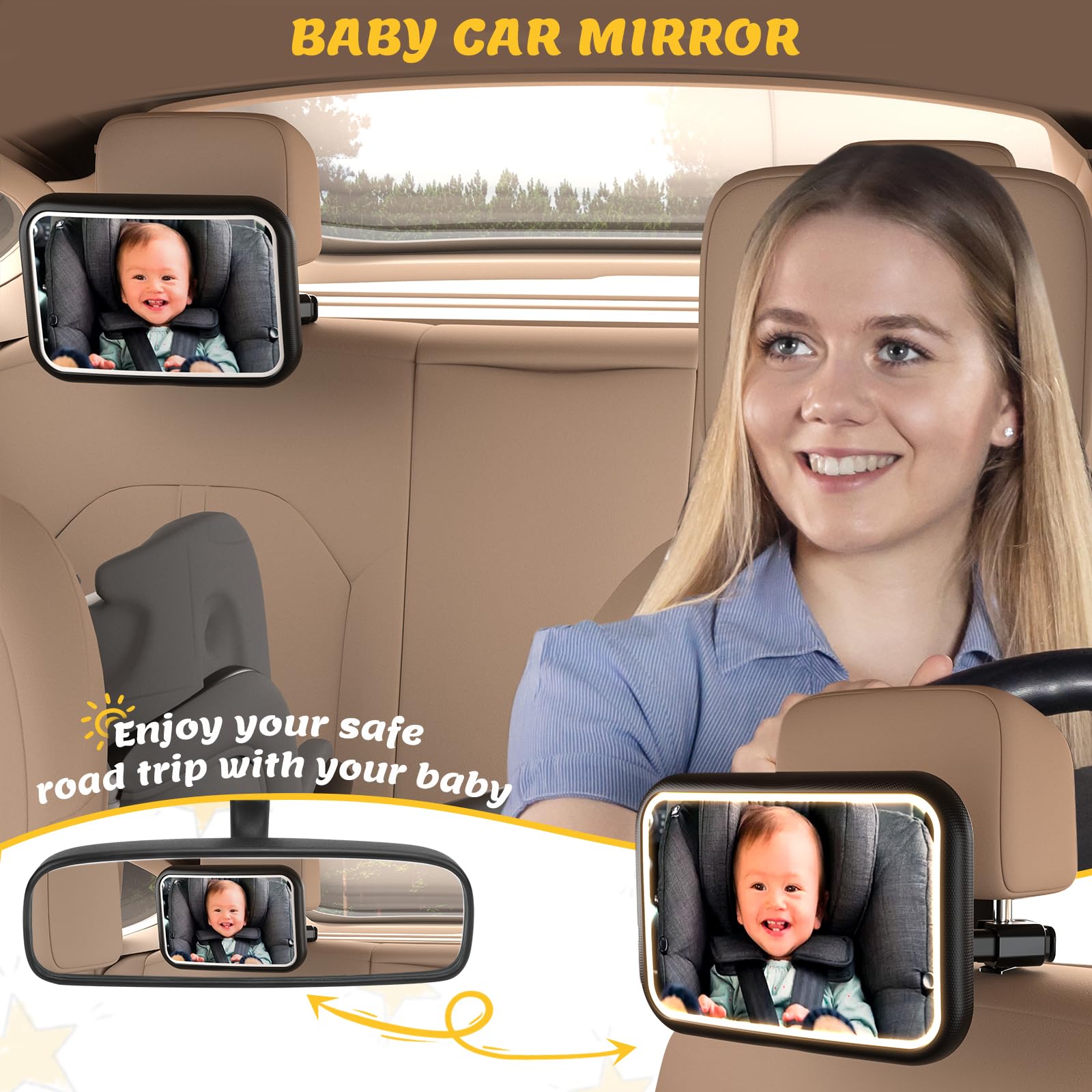 Espejo de coche para bebé con luz, control remoto, espejo de asiento trasero para bebé, 7 modos de luz RGB, rotación de 360°, espejo de asiento de coche recargable para bebé, inastillable y gran