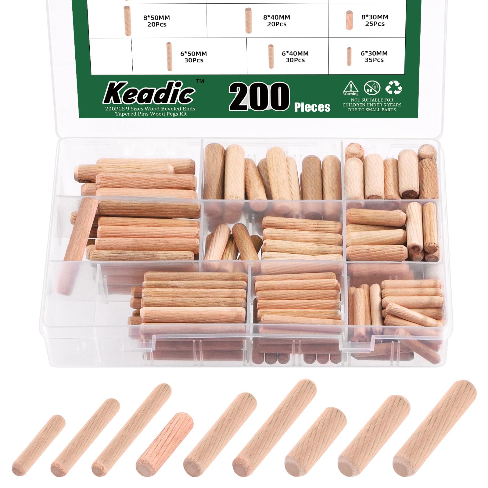 Keadic 200Pcs 9 Sizes Fluted Wooden Dowel Pin Assortment Set