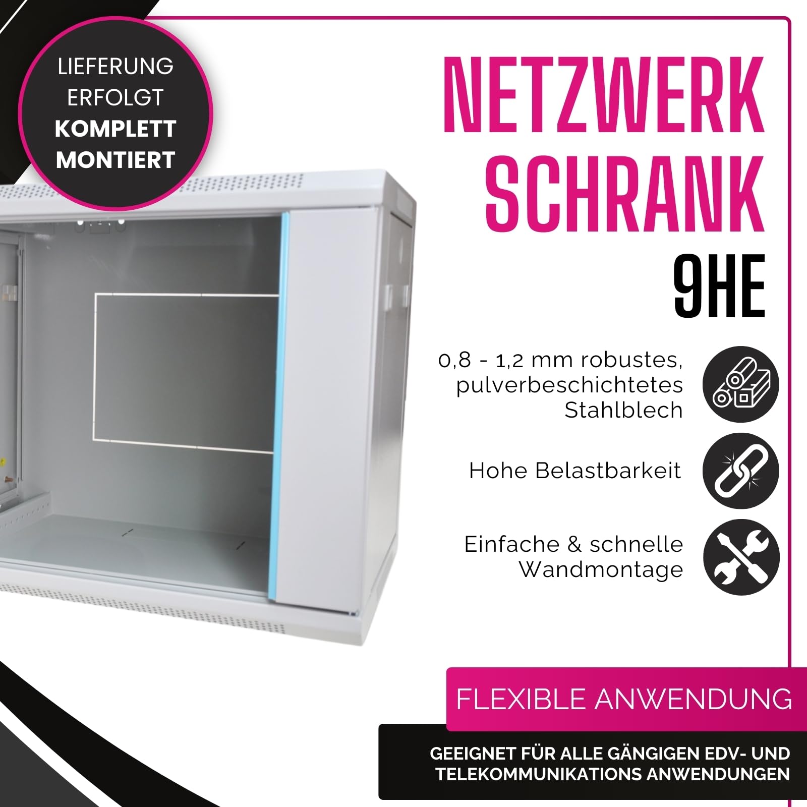 Premium Netzwerkschrank 9 HE I Serverschrank 19 Zoll | Wandmontage 600 x 450 x 510 mm I voll montiert I Server Gehäuse mit abschließbarer Glastür I Traglast 60 kg I Grau