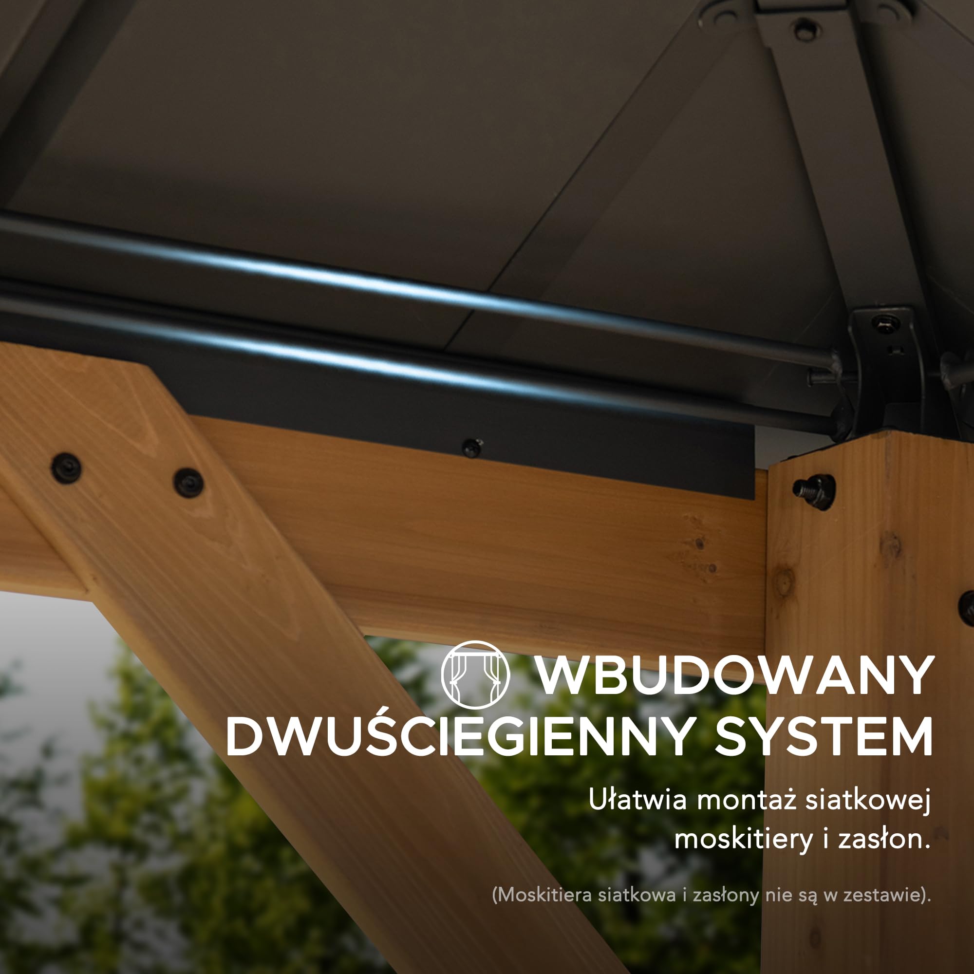 SUNJOY Altana Drewniana z Solidnym Daszkiem 3,3x3,3m z Oświetleniem Solarnym, Stalowy Dach Czterospadowy & Wypełnienie z Poliwęglanu, Odporna na Śnieg & Promieniowanie UV, Trwała Altana Ogrodowa na Ta
