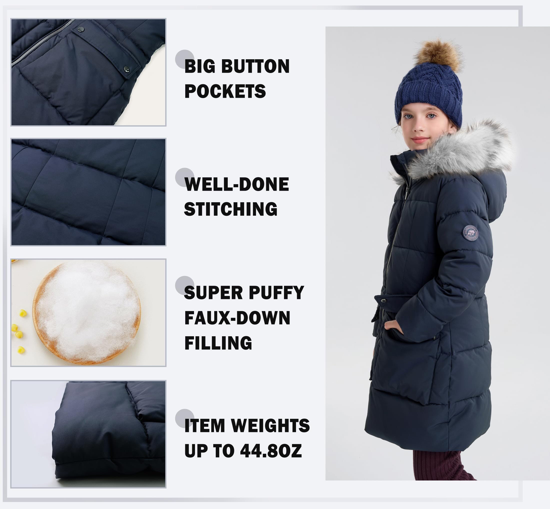 maoo garden Abrigo de Invierno Acolchado para Niñas Parka de Nieve de Plumón de Imitación de Peso Pesado Chaqueta Resistente al Agua de Piel Borrosa