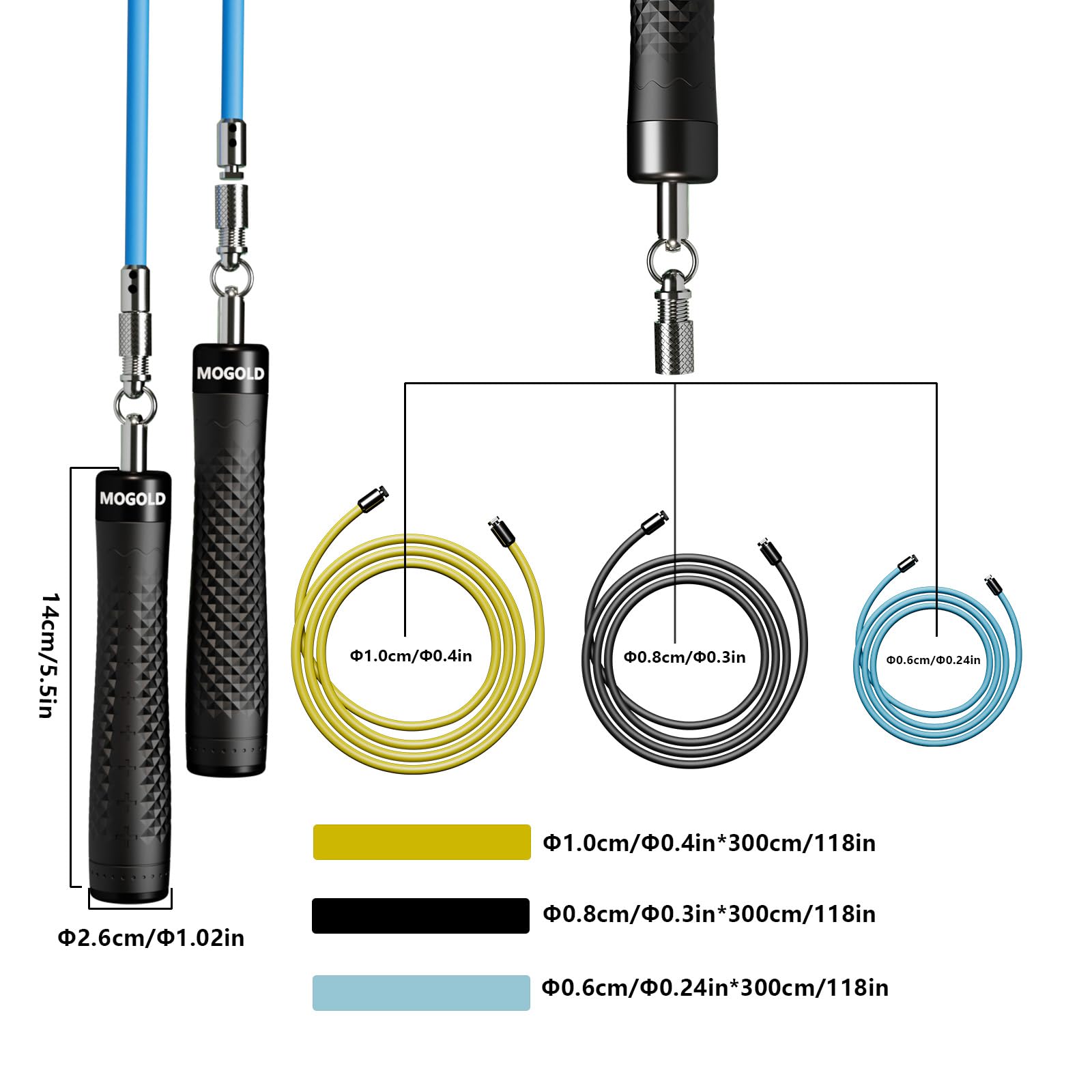 Gewichtetes Springseil-Set, 3 PVC-Seile, 299,7 cm, rutschfeste Griffe mit Schnellverschluss, Tragetasche, Schwarz