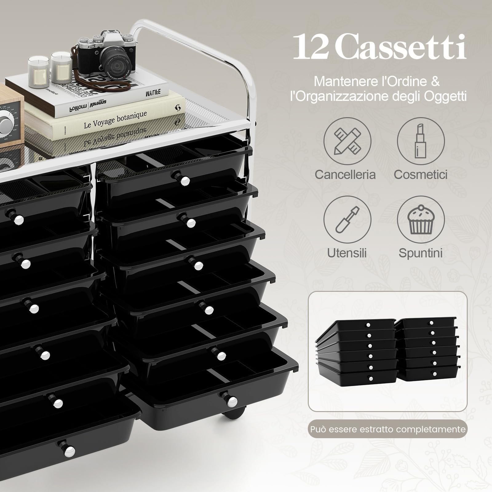 RELAX4LIFE Carrello di Stoccaggio con 12 Cassetti Estraibili, con Ruote Bloccabili e Maniglie, Struttura in Metallo, Carrello di Servizio con Ampia Piano per Soggiorno, Sala Giochi (BIANCO)