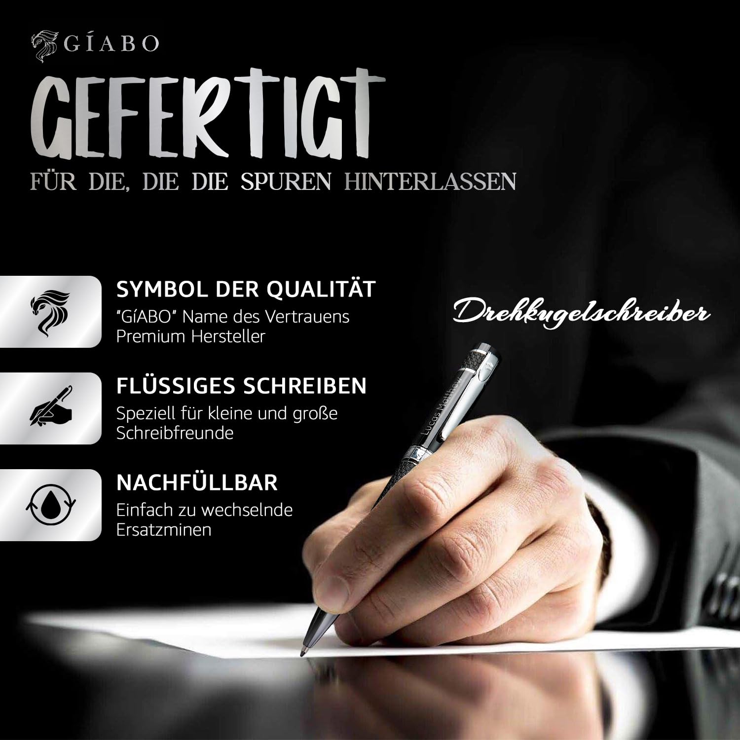 Gíabo Premium Kugelschreiber aus Edelstahl mit PU-Leder-Schaft und individueller Gravur | Hochwertiges Schreibgerät mit Etui – Ideal als persönliches Geschenk für Büro, Business und besondere Anlässe