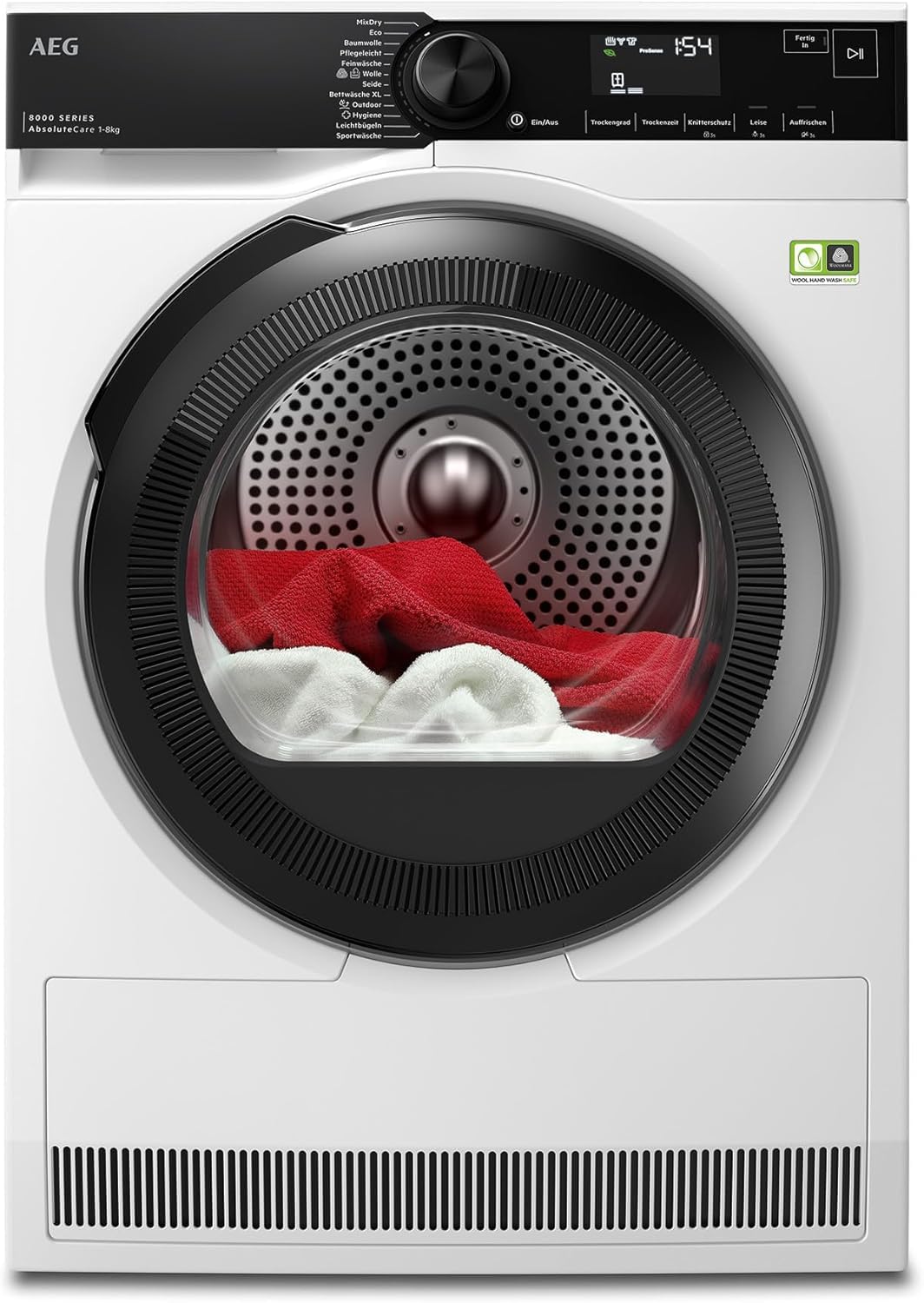 AEG Wärmepumpentrockner 8kg, Testsieger der Stiftung Warentest 2025, neue Energiekl. B, Serie 8000 AbsoluteCare Wolle- & Seidetrocknung, Mengenautomatik, Knitterschutz, Reversierautomatik, TR8T75780