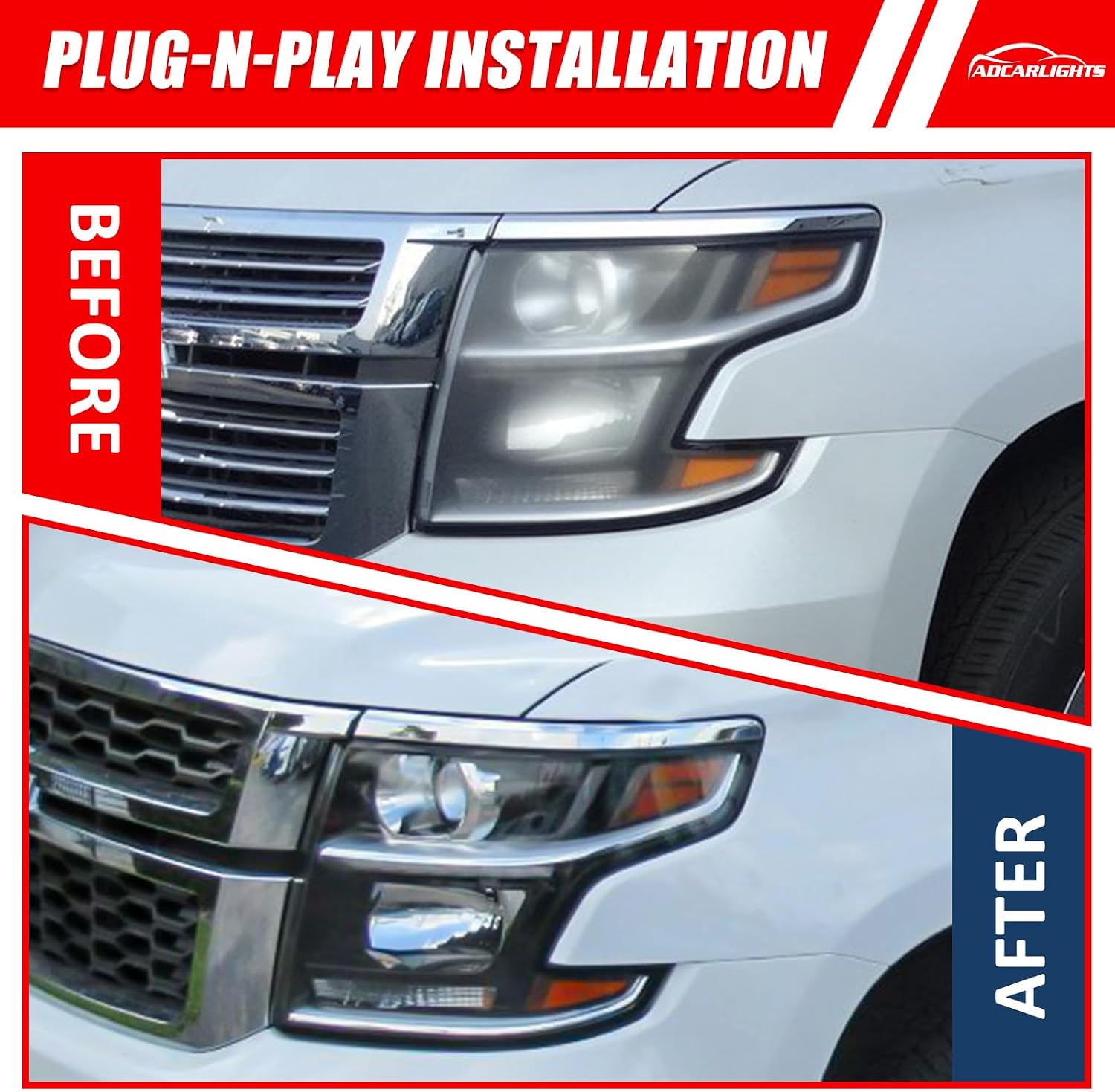 for 2015 2016 2017 2018 2019 2020 Chevy Suburban/Chevy Tahoe Headlight Assembly 16-19 Chevrolet Suburban 3500HD Chrome Housing Amber Reflector Replacement Pair（W/O Bulbs）