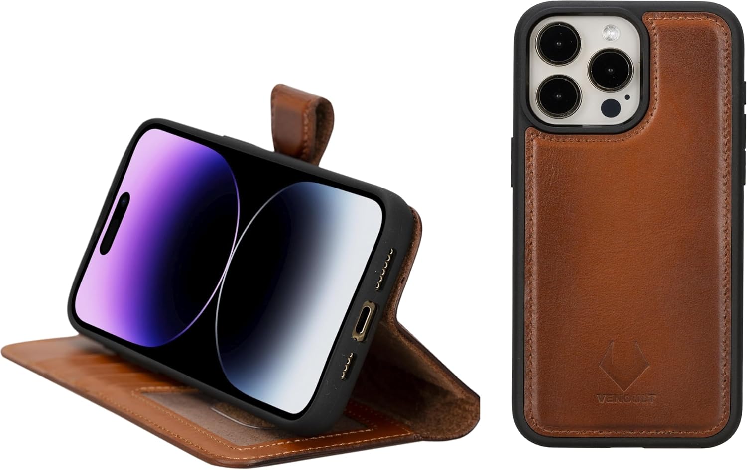 VENOULT Detachable Wallet Case for iPhone 15 Pro MAX, 4 Card Holder Wallet, Man or Women Folio Cover, Compatible with Magsafe, RFID, Genuine Leather, Kick Stand (Chestnut Brown)
