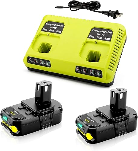 Miniatura 1 de Powilling Paquete de 2 baterías de repuesto para baterías Ryobi 18V 3.5Ah + cargador P117 de 2 puertos para Ryobi 18V P108 P107 P105 P104 P103 P102