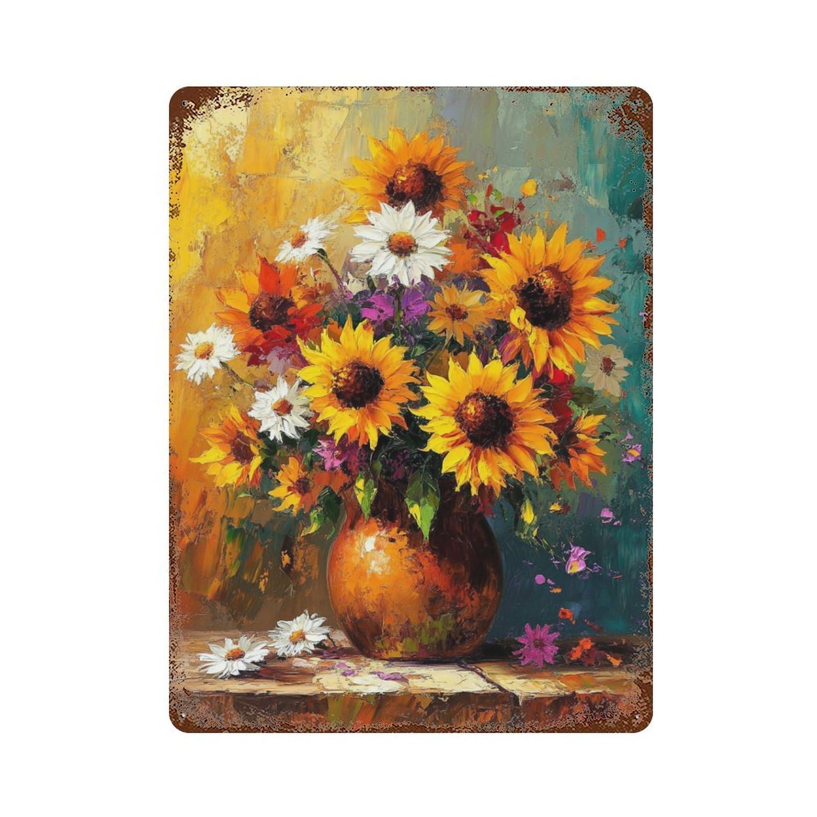 Sunflower Bouquet Painting 15.7"x11.8" Aged Metal Wall Plaque, Vintage Wall Decor for Bistro, Counter And Cafe Decor