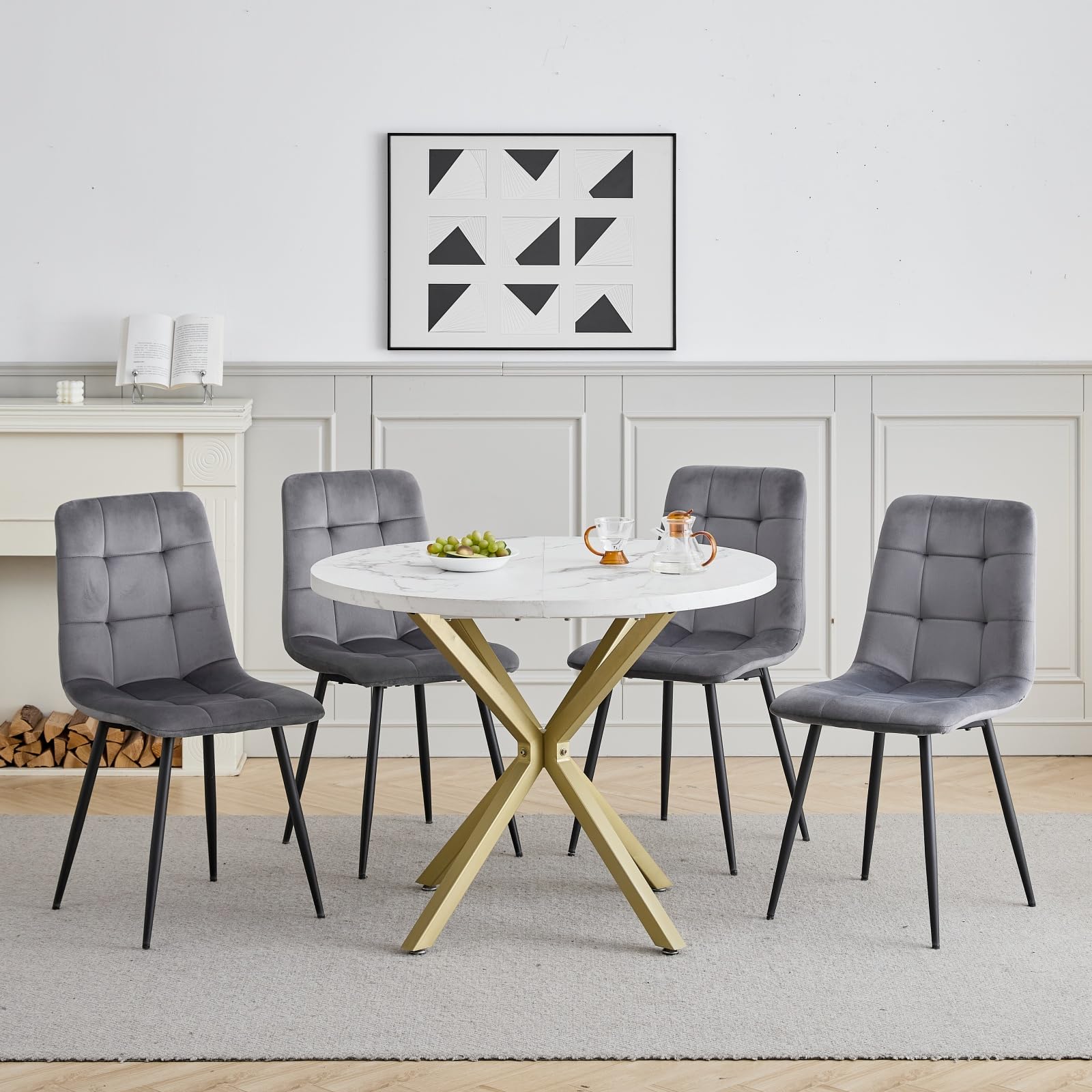 GrandCA HOME Conjunto de Mesa y Sillas de Comedor, 4 Sillas de Comedor de Terciopelo Holandés Gris y una Mesa de Comedor Redonda de 100 cm, Ideal para la Cocina y el Salón (Mármol Blanco 1)