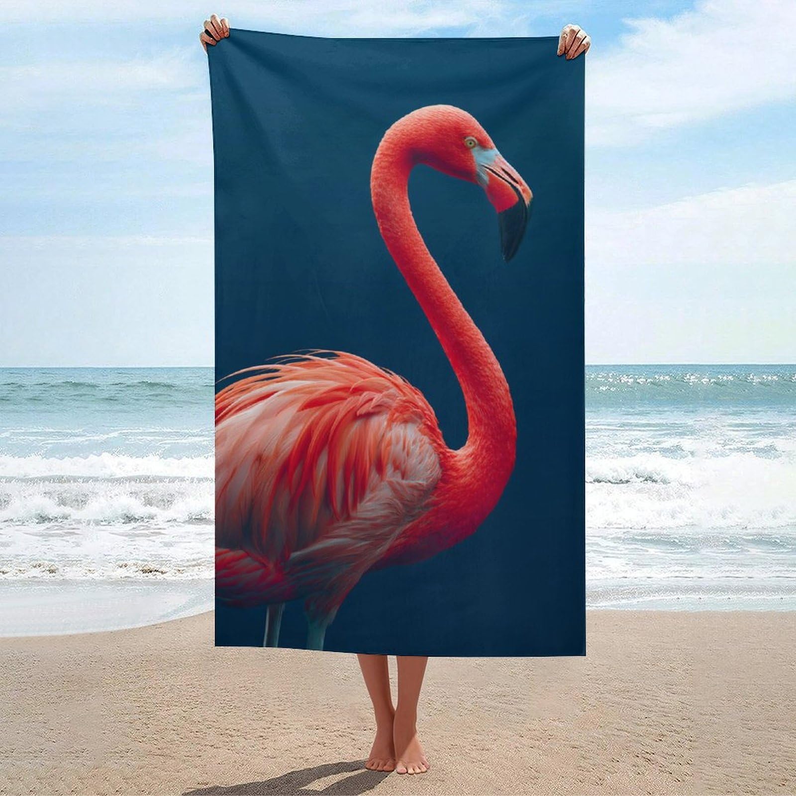 LSRCPD Pink Flamingo on Deep Velvet Blue Beach Towel Sand Free Microfiber Large Shower Towels Multipurpose Absorbent for Bathroom Pool 130x80 CM