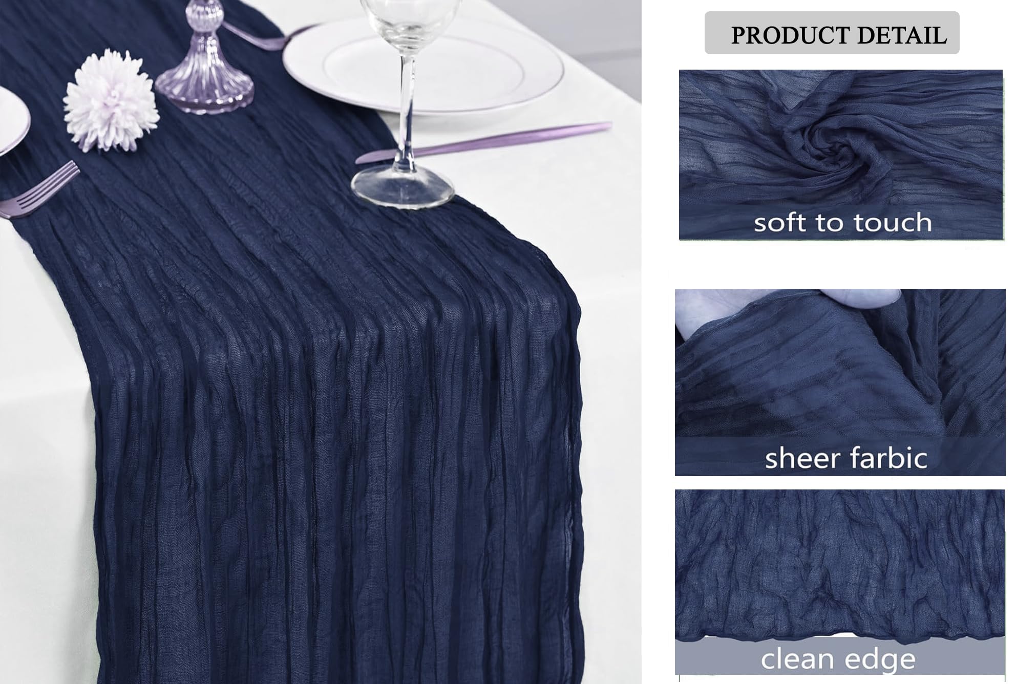 2 Caminos De Mesa De Gasa Azul Marino | 35x120 Pulgadas (90x300 Cm) | Rústico Para Boda, Baby Shower Y Fiestas | Decoración Bohemia