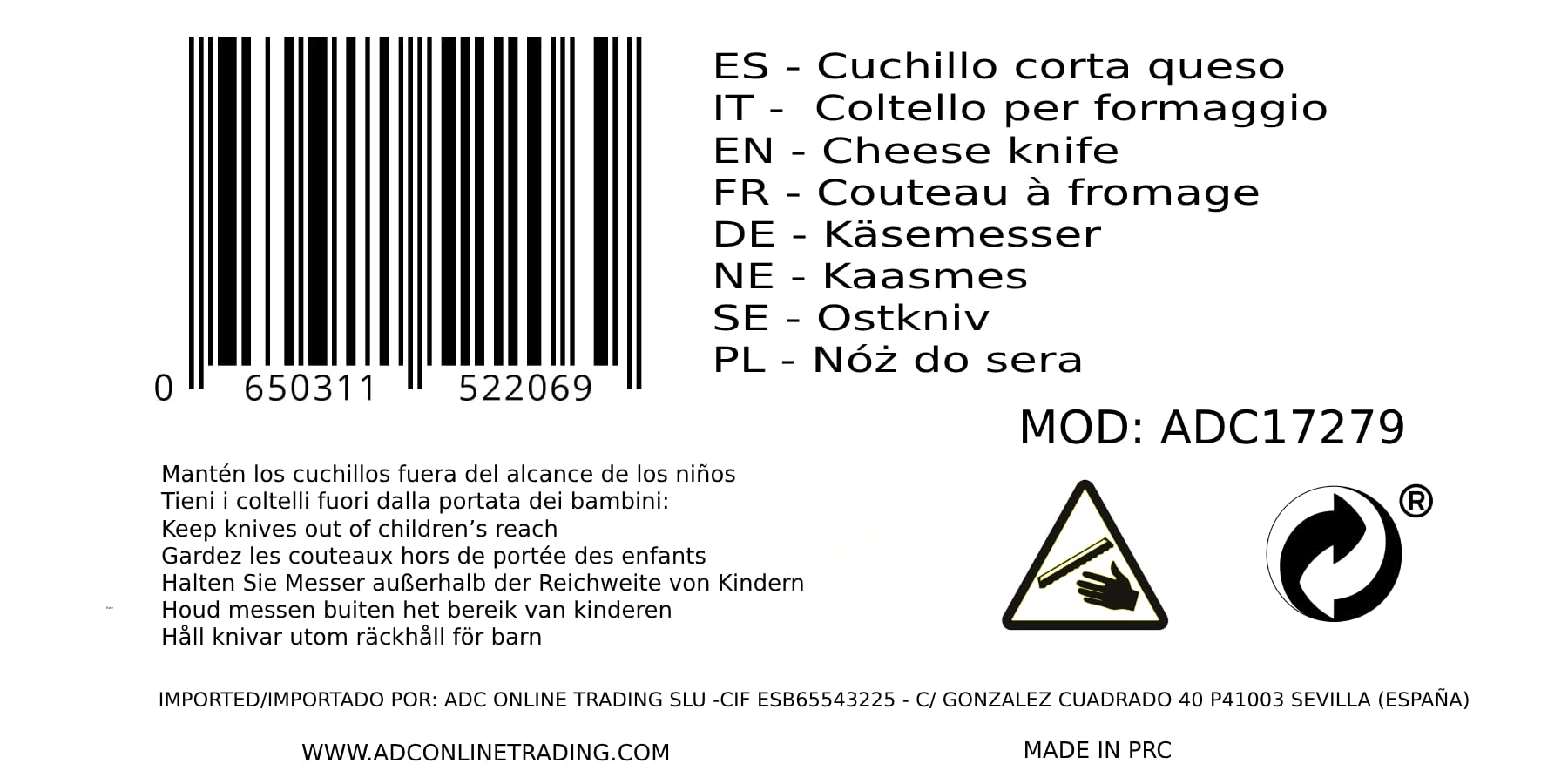 Couteau à fromage à double manche – coupe fromage- cier inoxydable 3Cr13Mov - Double manche polypropylène. Lame droite à fromage satinée alvéolée - Taille totale 50.80 cm - Taille de la lame 22.20 cm
