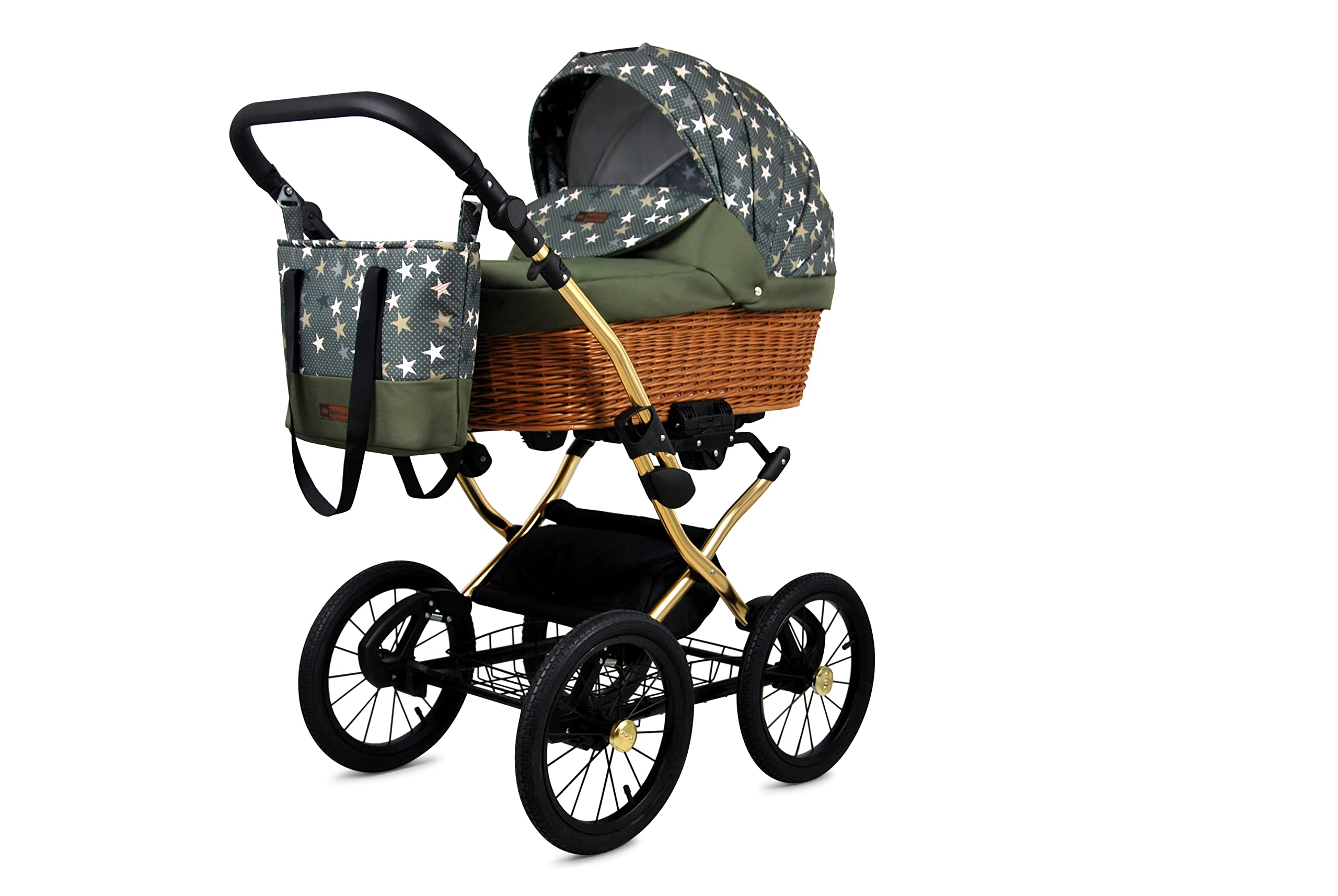 BabyLux Wózek 4w1 z Fotelikiem Samochodowym dla Maluchów – Wózek dla Noworodka i Malucha –– Wózek dla Noworodka – Baza ISOFIX do Auta – Max 15kg – Olive Star Gold Frame