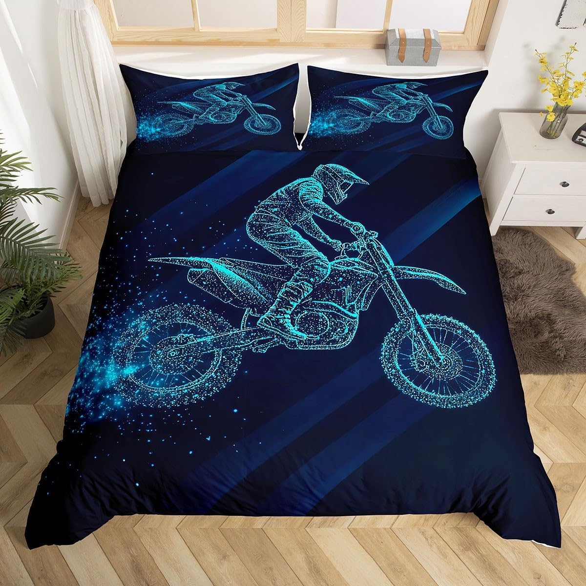 Homewish Motorcycle Bedding Double Bed Set for Teenage Boys, Neon Motocross Duvet Cover Microfiber, Dirt Bike Extreme Sports Theme Bedding Sets 3Pcs, Fashion Dark Blue Quilt Cover, 200x200cm
