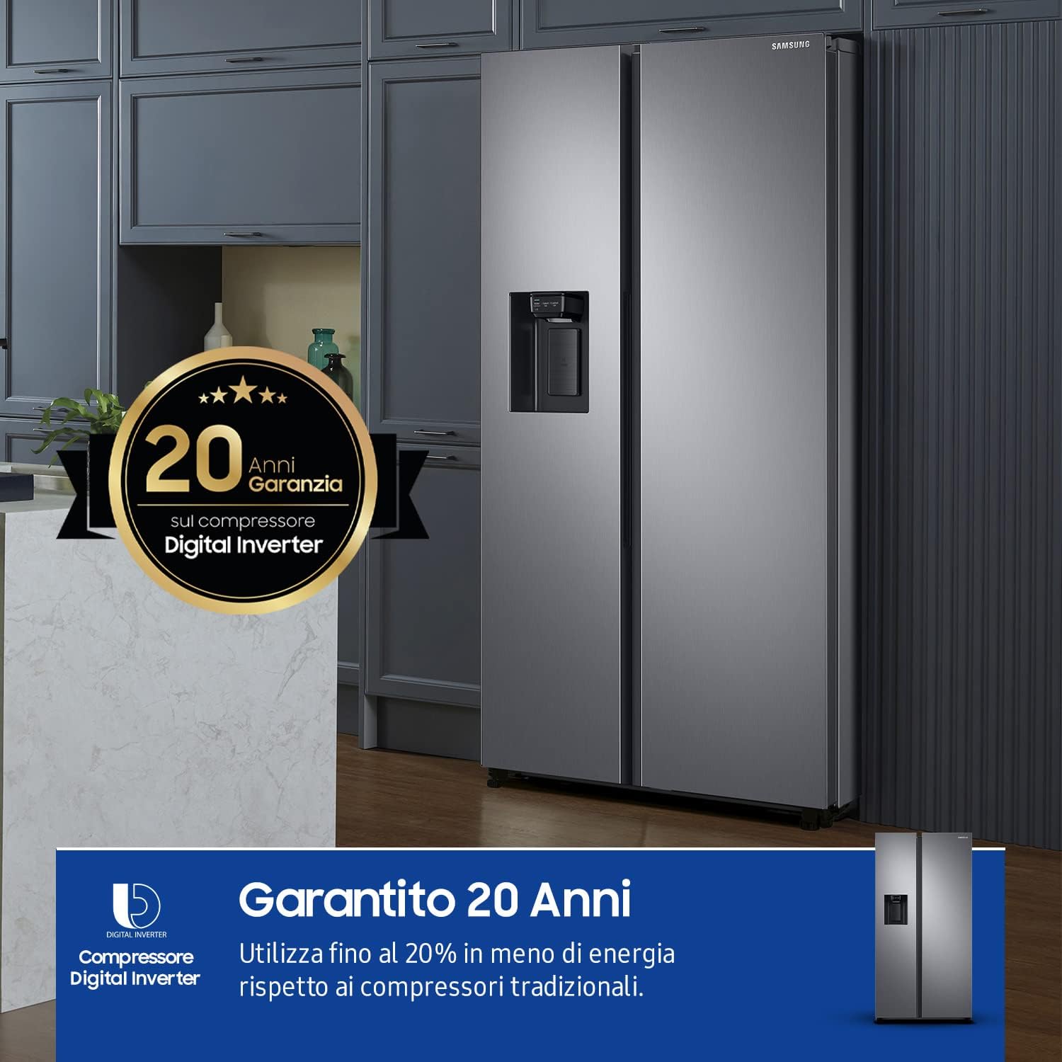 Samsung Frigorifero Side by Side RS68A8522S9/EF, Libera installazione, Senza Allaccio Idrico, SpaceMax, 634L, 91l x 178h x 72p cm [Classe di efficienza energetica D]