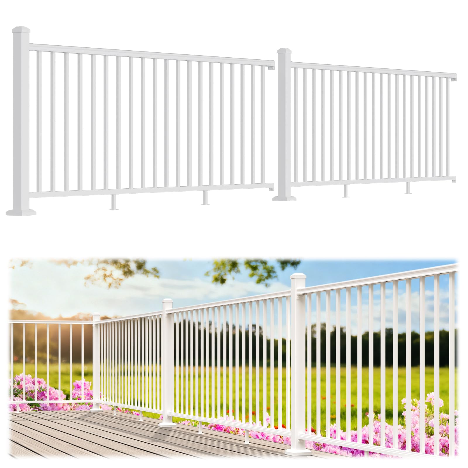 Photo 1 of Egadis 2 Pack 36 in. H x 8 ft. W White Porch and Deck Railing Kit, Aluminum Railing Kit, Textured AAMA 2604 Powder-Coat Finish Modular Railing for Outdoor Decks, Porches & Balconies(2 Post, 2 Panel)