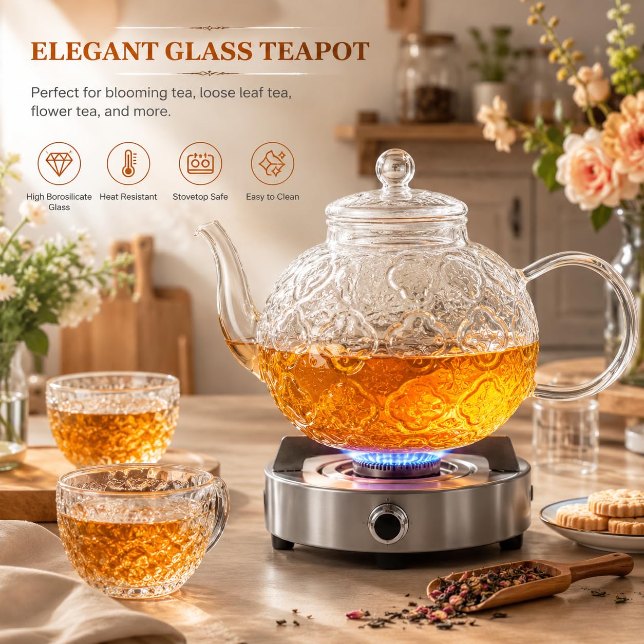 1500ml Teekanne mit Siebeinsatz, Borosilikatglas Teekanne Glas mit Tropffreier Ausguss, Hitzebeständig Teapot für Grüntee schwarzen Tee duftenden Früchtetee