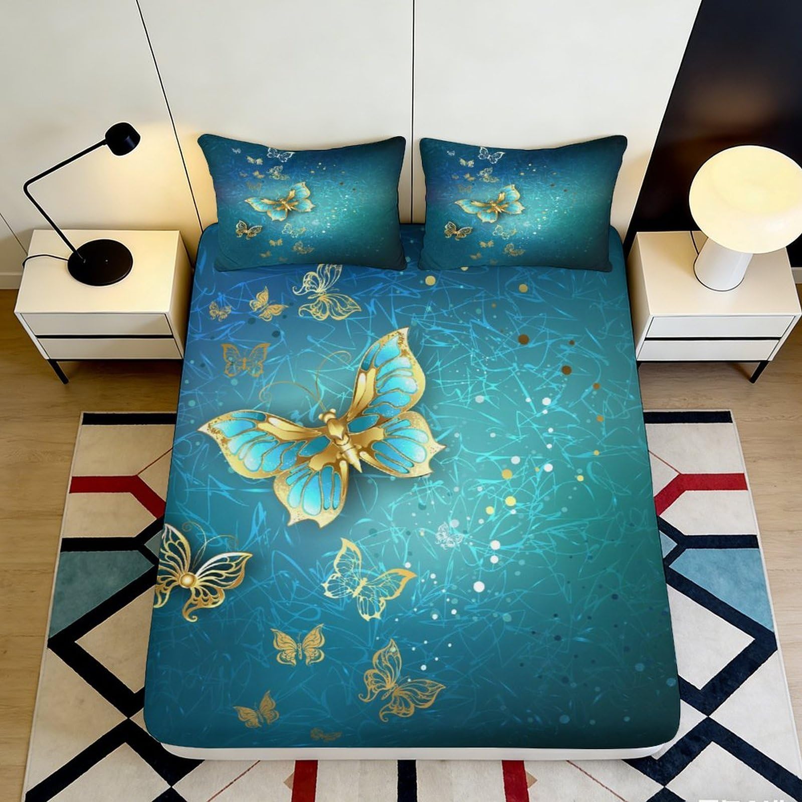 3D Printed Butterfly Fitted Sheet Microfiber Deep Pocket Elastic Hem Bedroom Bedding Butterfly Mattress Fitted Cover 200x200x25cm