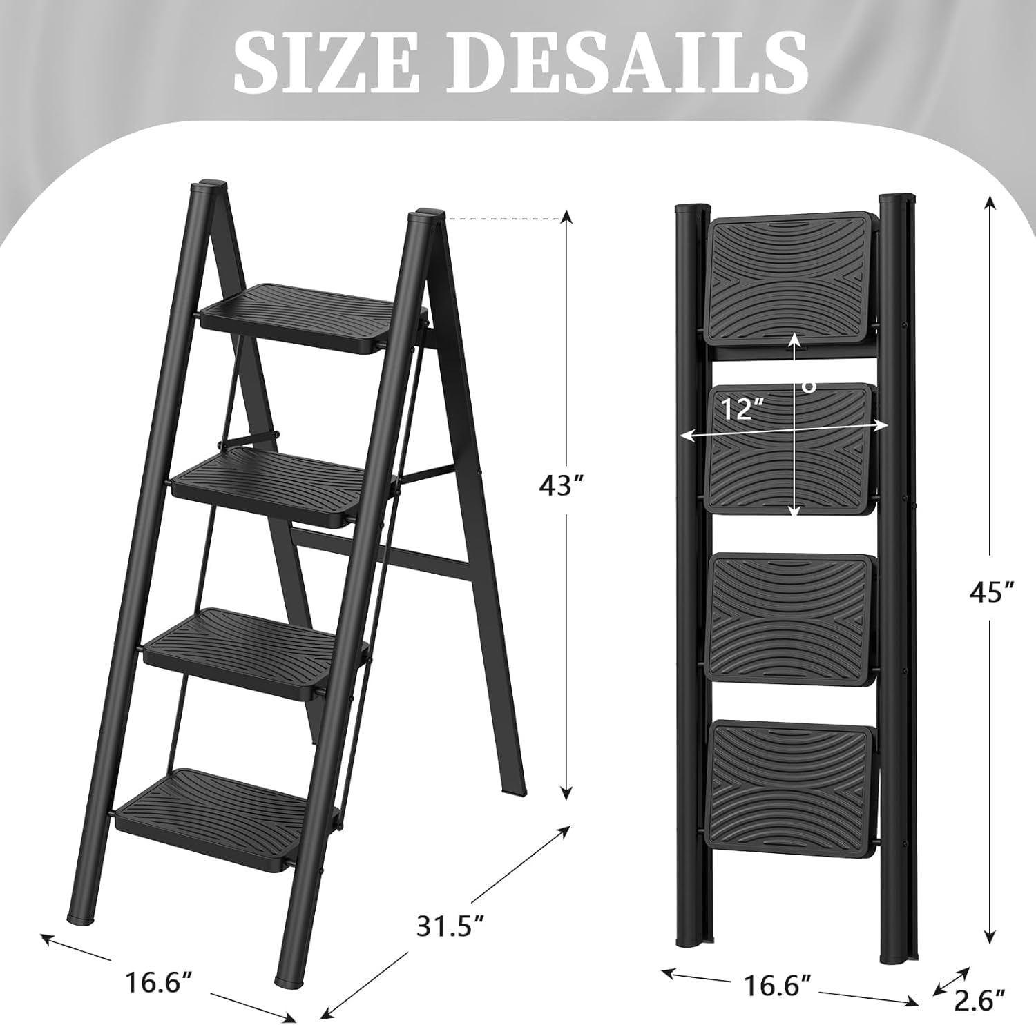 HBTower Step Ladder, 4 Step Ladder Folding Step Stool, Portable Sturdy Steel Ladder for Adults Home Outdoor Kitchen Garage,Black