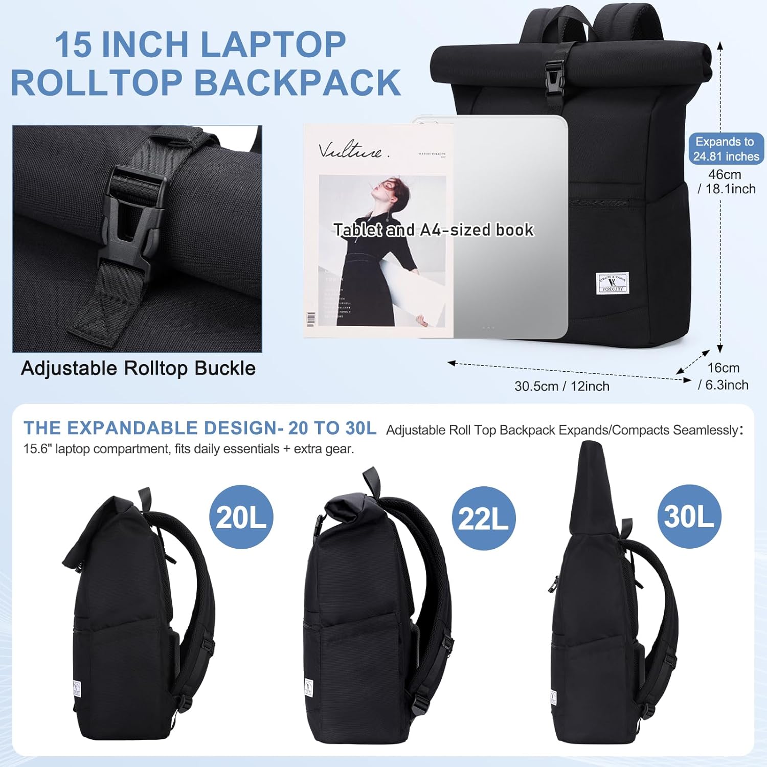 VX VONXURY Roll Top Backpack for Women,15.6 inch Laptop Backpack for Men,Top Open Casual Daypack for Work Travel
