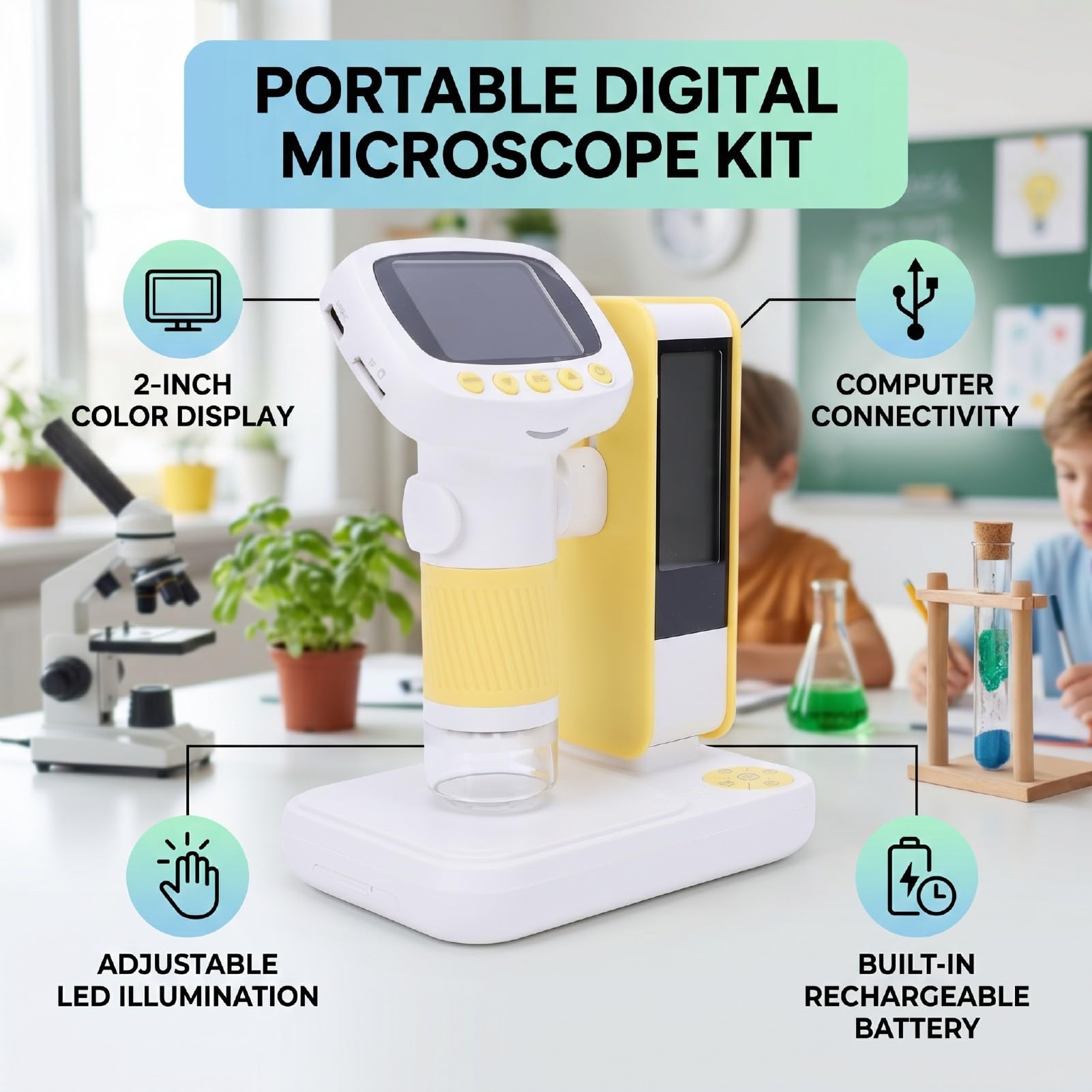 Giocattolo Microscopio per Bambini con Display da 2 Pollici, Luce LED | Design Portatile e Portatile, Struttura in Plastica Leggera, Compatibile con USB per la Condivisione in Tempo Reale, Adatto
