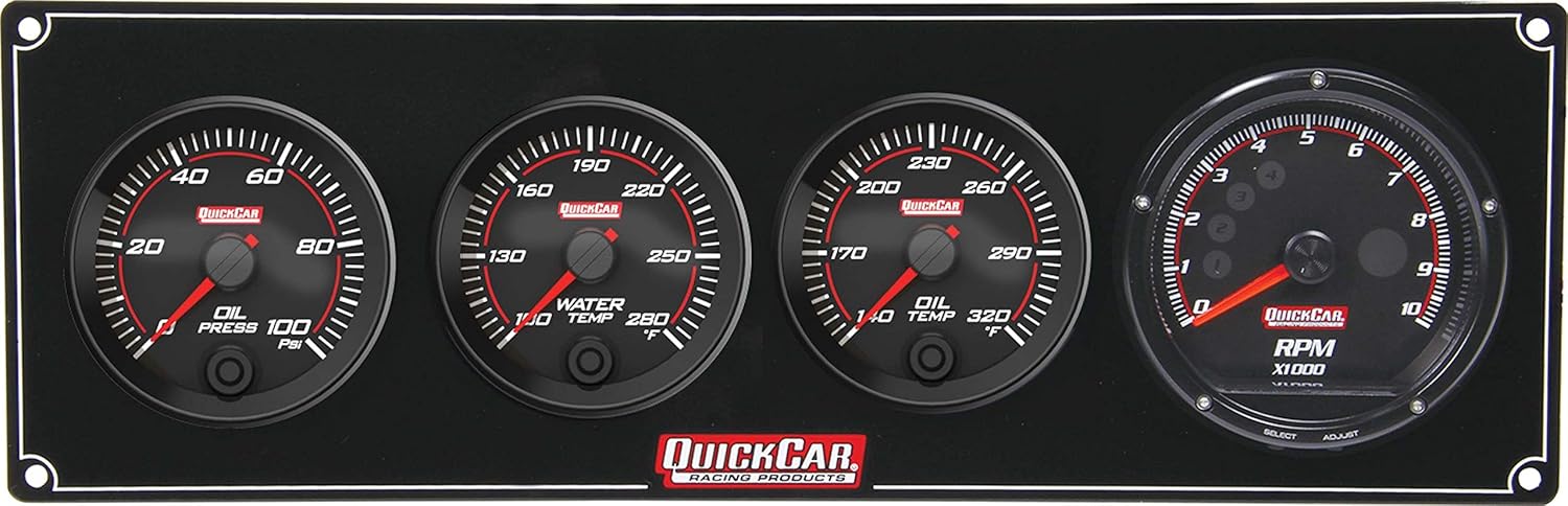 QuickCar Racing Products Gauge Panel Assembly, Redline, Oil Pressure/Water Temperature/Oil Temperature/Recall Tachometer, Black Face, Kit